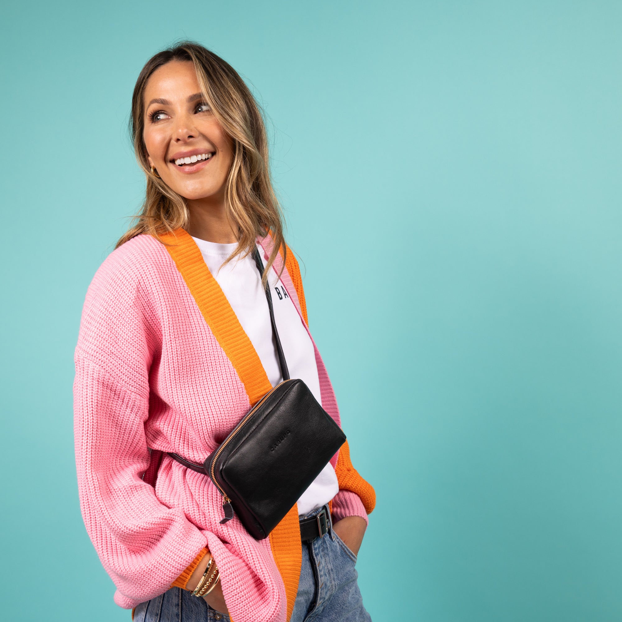 cute black leather crossbody bag for new moms