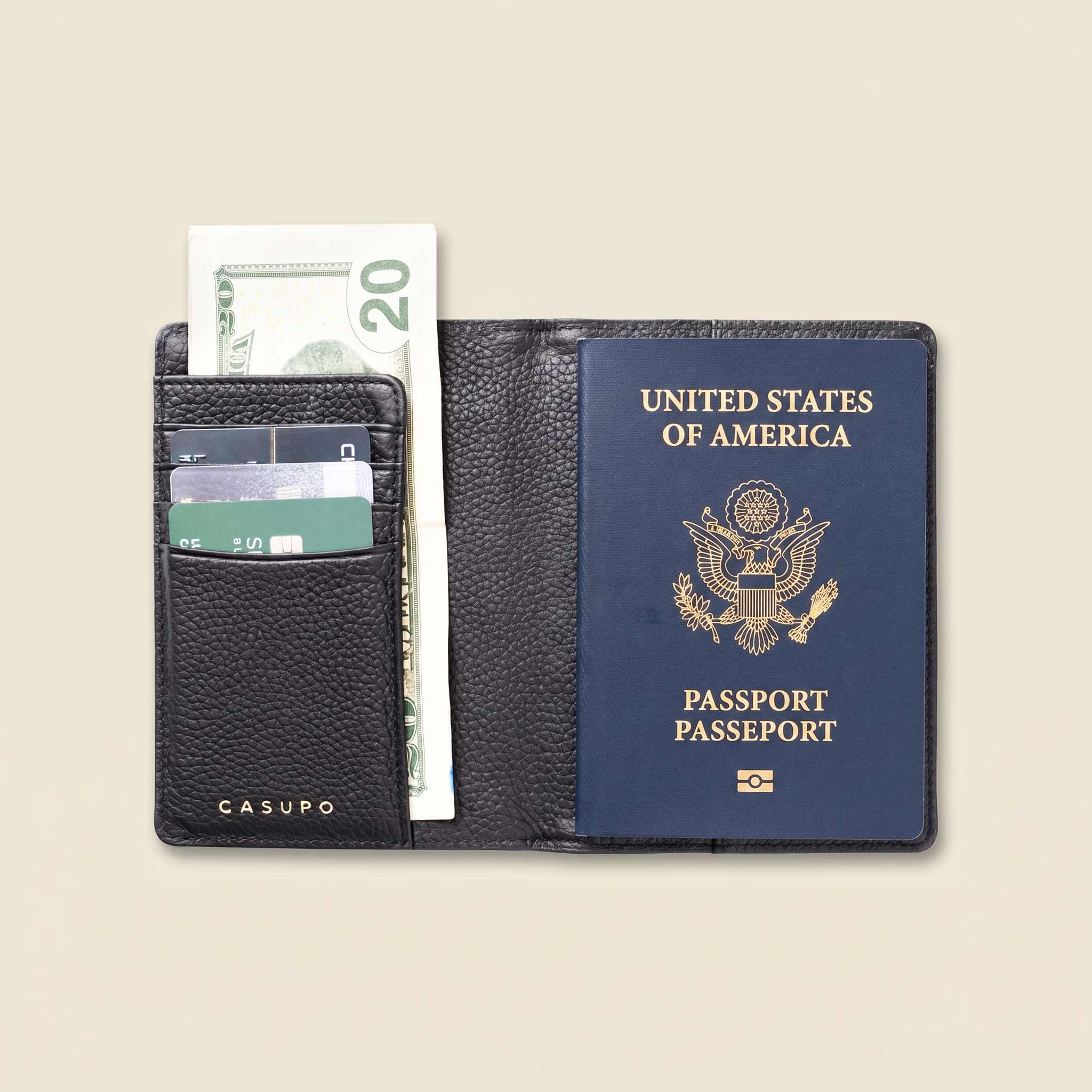 Leather Passport Wallet with RFID - Black