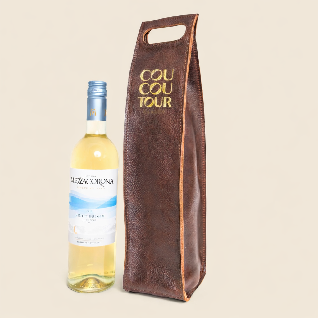 Premium brown leather wine tote bag with cutout handle and contrast stitching for corporate and real estate closing gifts