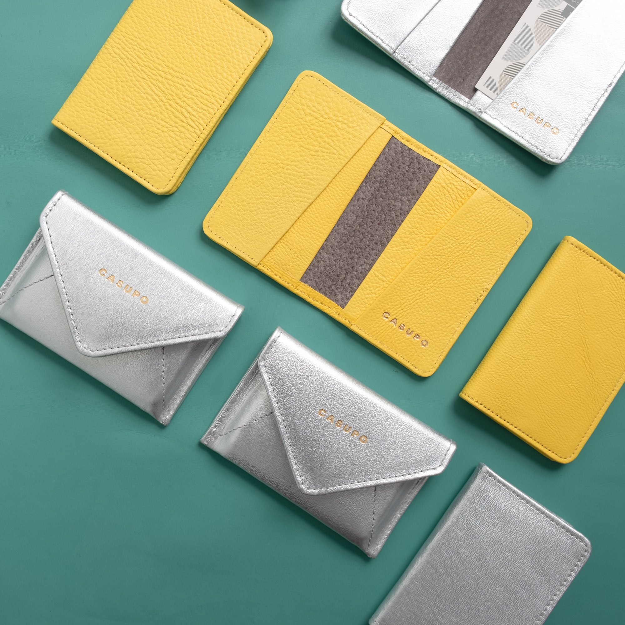 Yellow leather and silver leather wallet