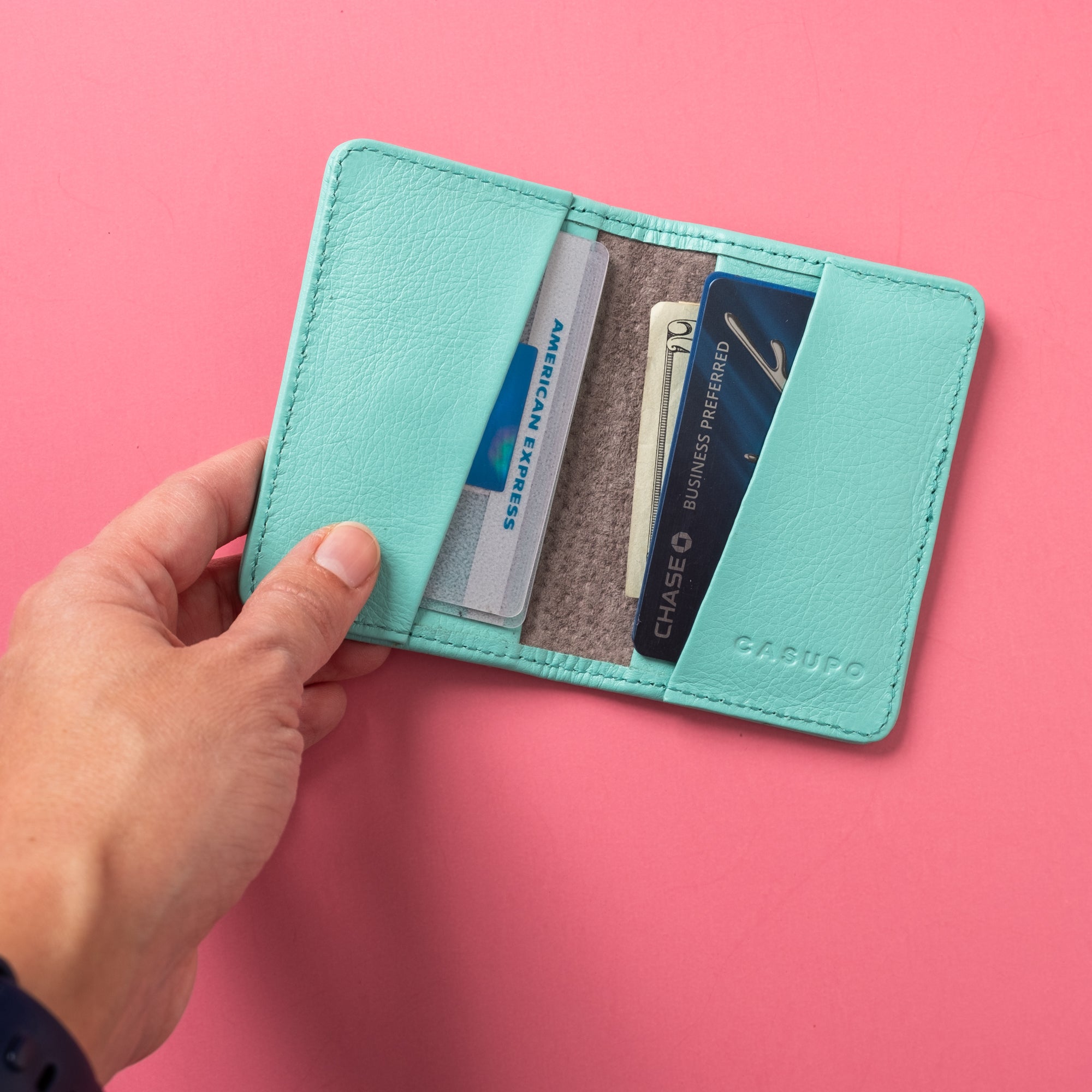 fun blue leather bifold wallet for minimalist men