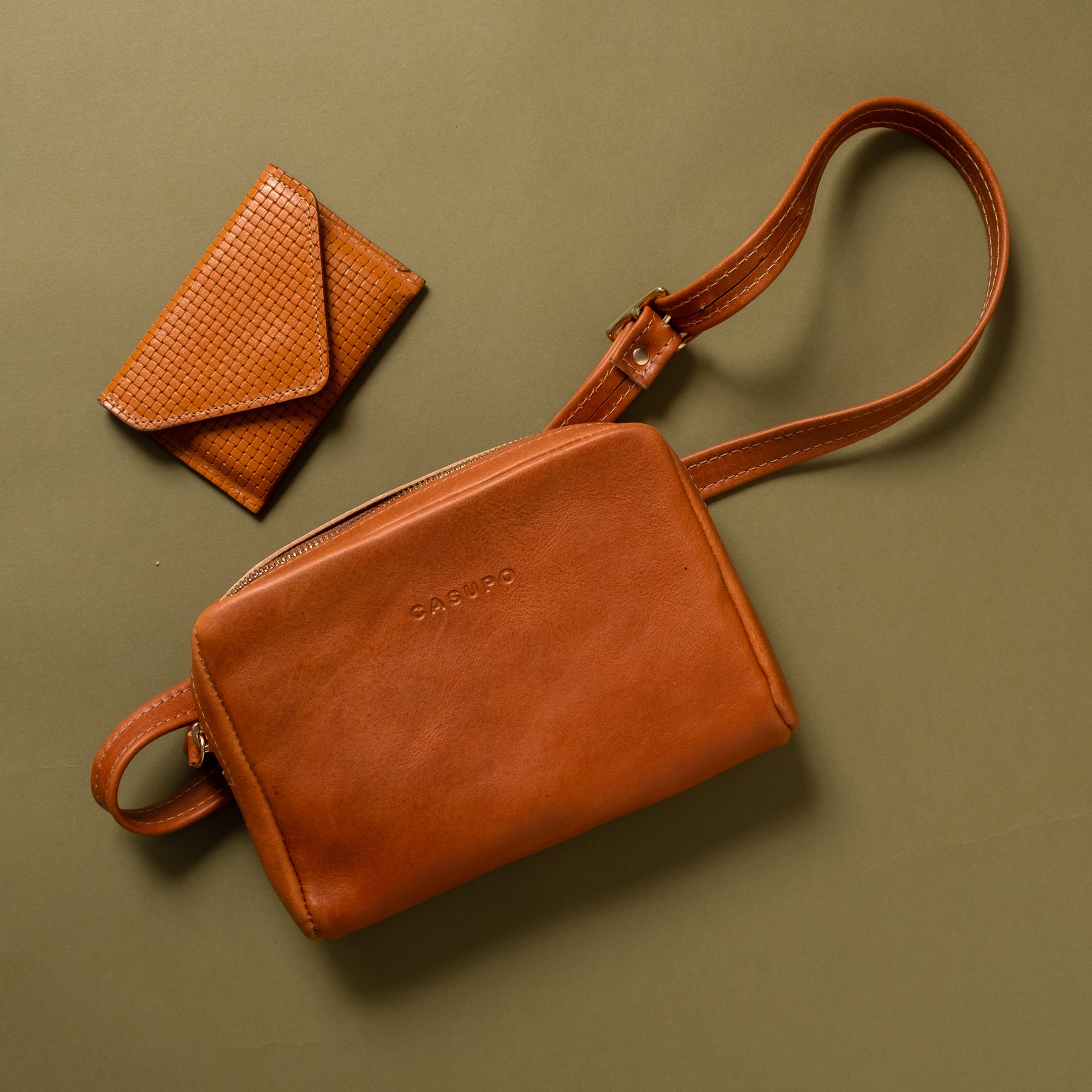 tan brown envelope wallet for cards and cash and fanny pack for women