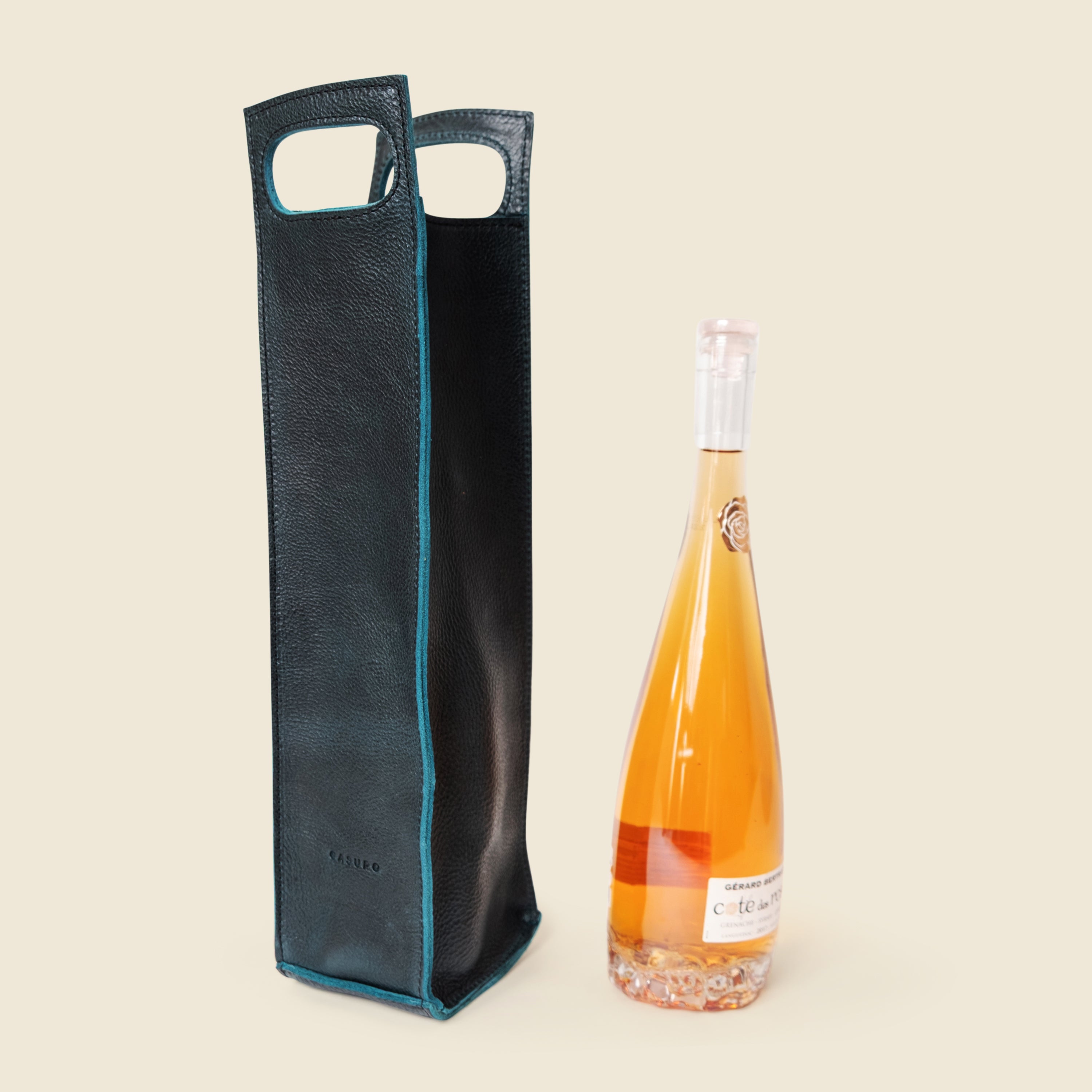 Premium Leather Bottle Tote with Cutout Handle - Midnight Teal