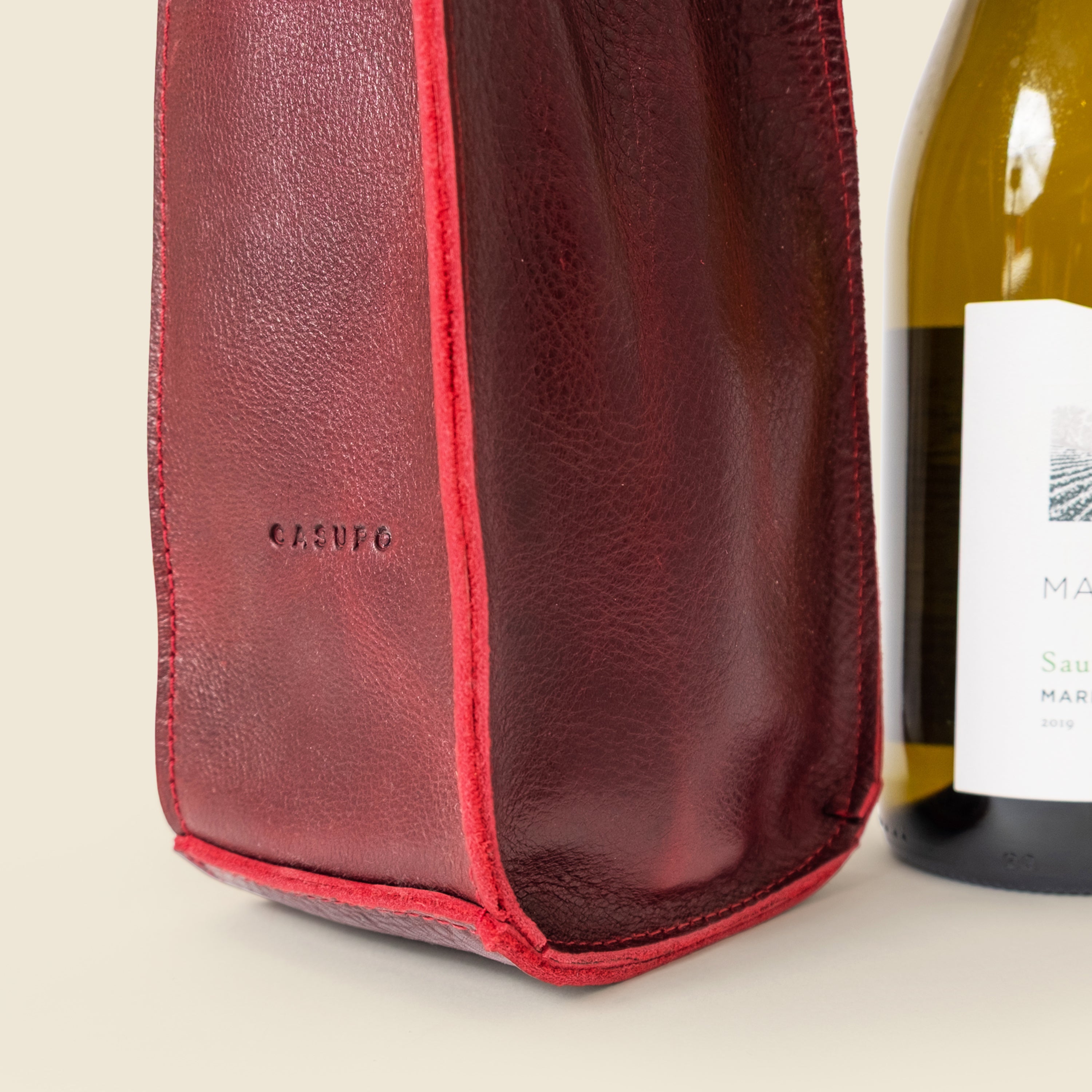 Premium Leather Bottle Tote with Handle - Merlot Red