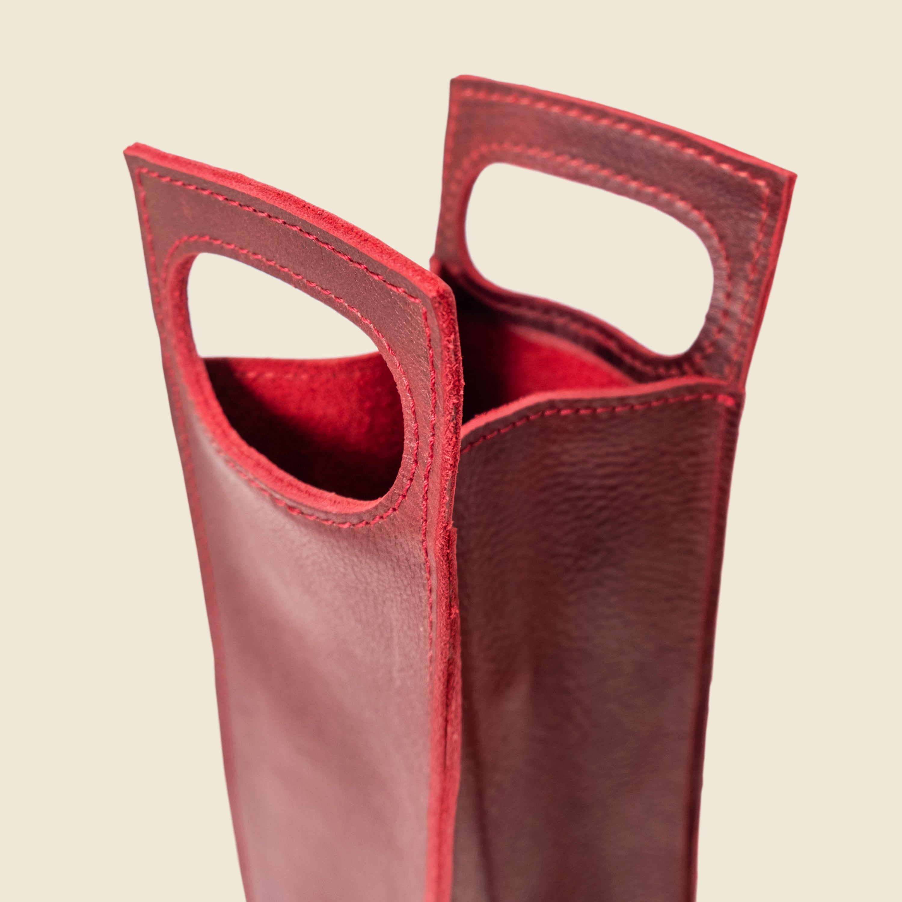 Premium Leather Bottle Tote with Handle - Merlot Red