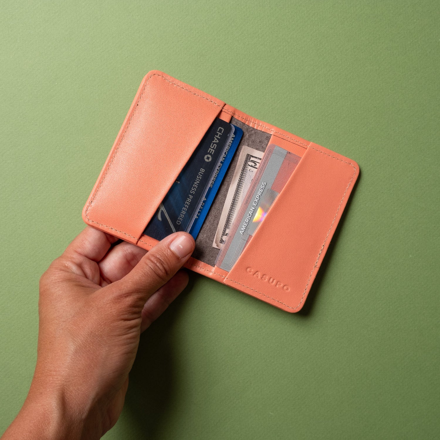RFID pink leather bifold wallet for women, corporate events, custom color and logo, influencer gifts. Made in USA