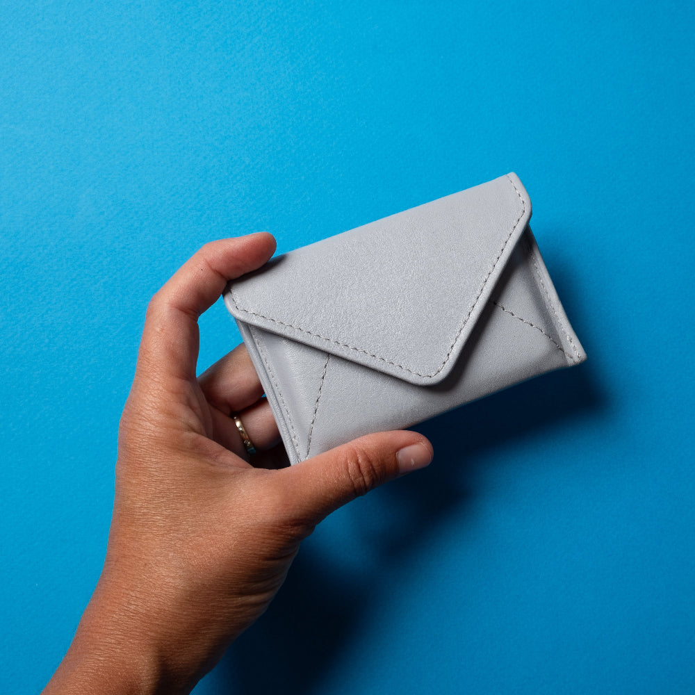 light blue leather wallet with RFID blocking for women. Made in USA. Corporate gifts, events and marketing gifts