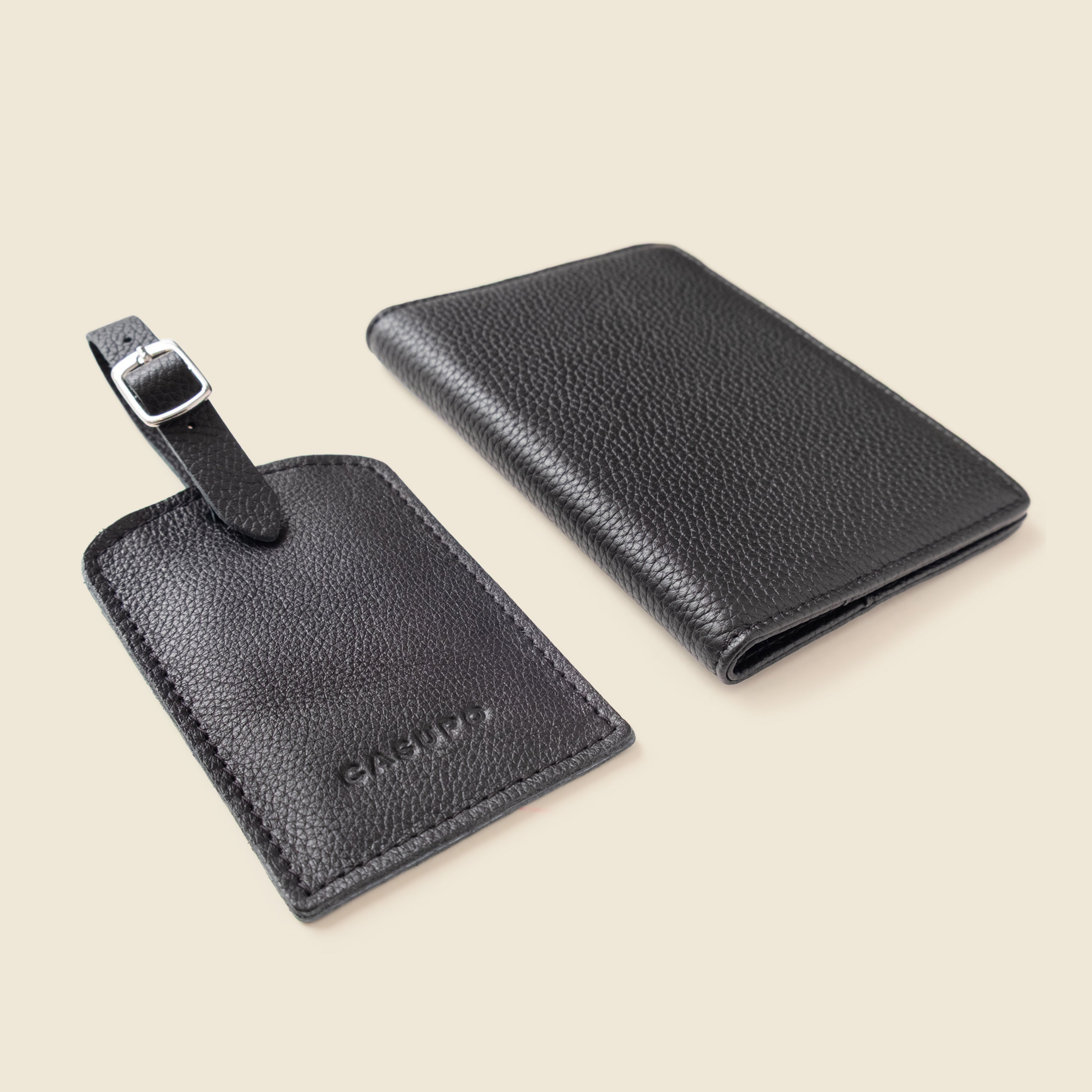 Passport Wallet and Luggage Tag Set — Full-Grain Leather, RFID Blocking - Black