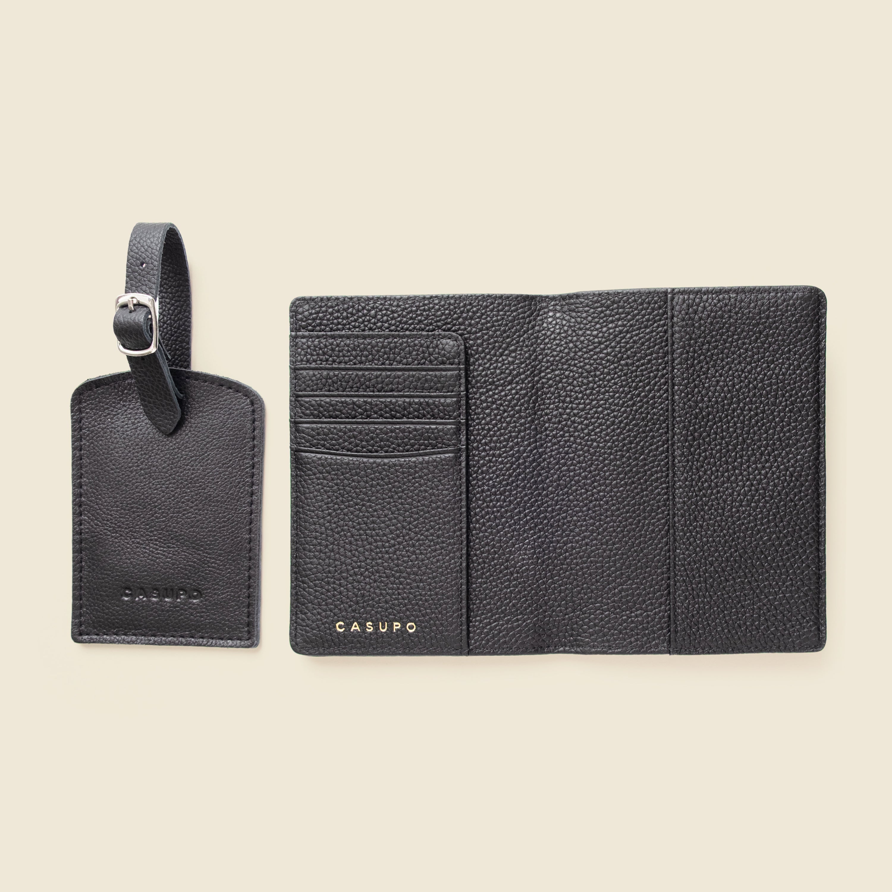 Passport Wallet and Luggage Tag Set — Full-Grain Leather, RFID Blocking - Black