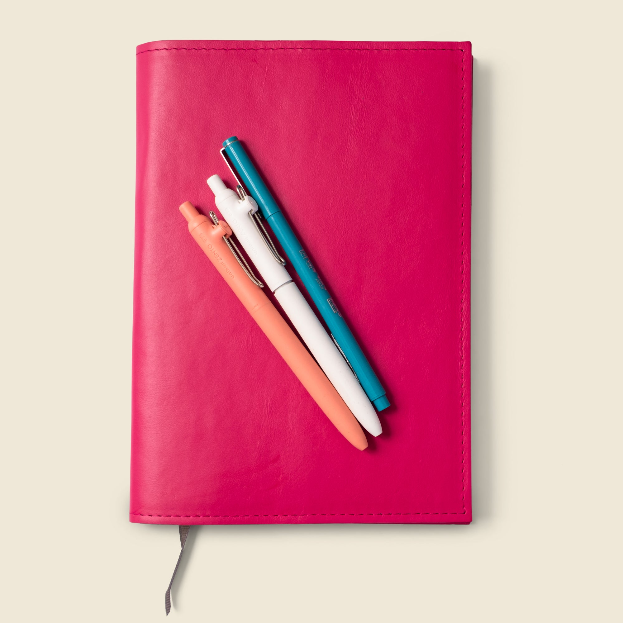 Bright Pink refillable leather notebook cover with lined notebook, journal, planner. Customizable Made in USA
