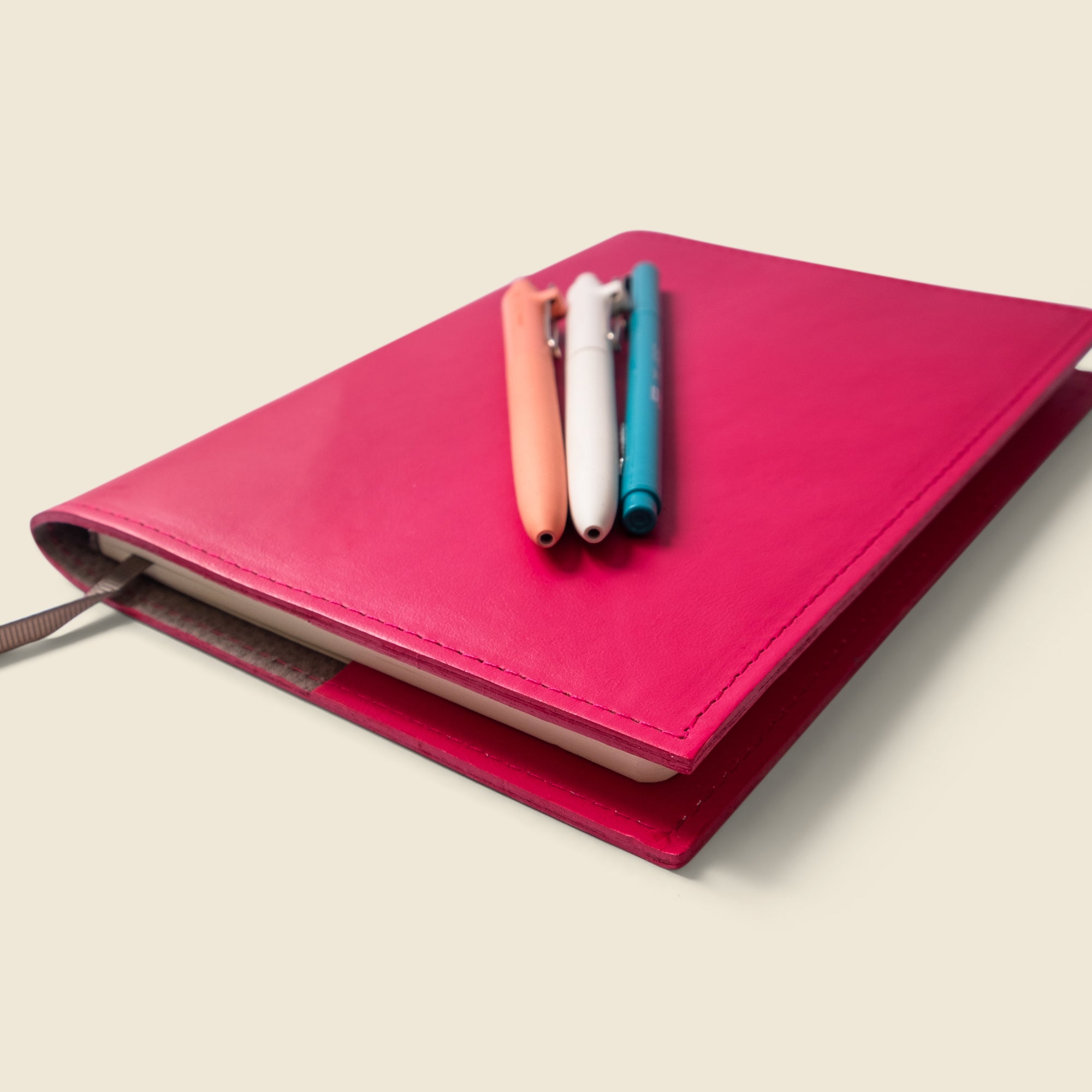 Bright Pink refillable leather notebook cover with lined notebook, journal, planner. Customizable Made in USA