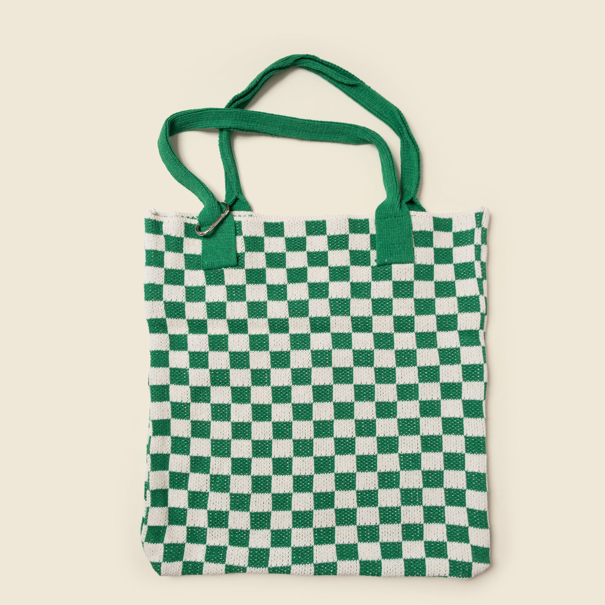 Green Checkered Tote Bag - Washable Cotton Knit with Key Ring