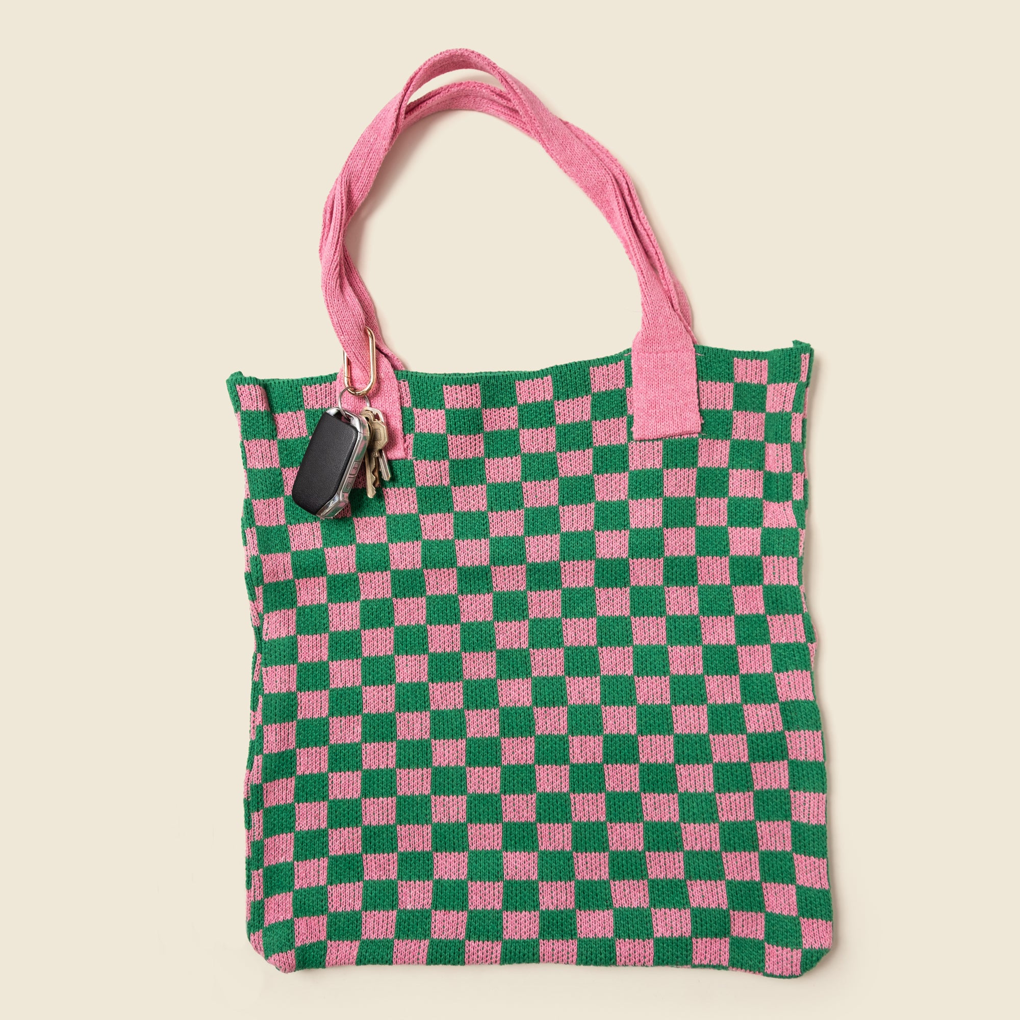 Pink and Green Checkered Tote Bag - Washable Cotton Knit with Key Ring
