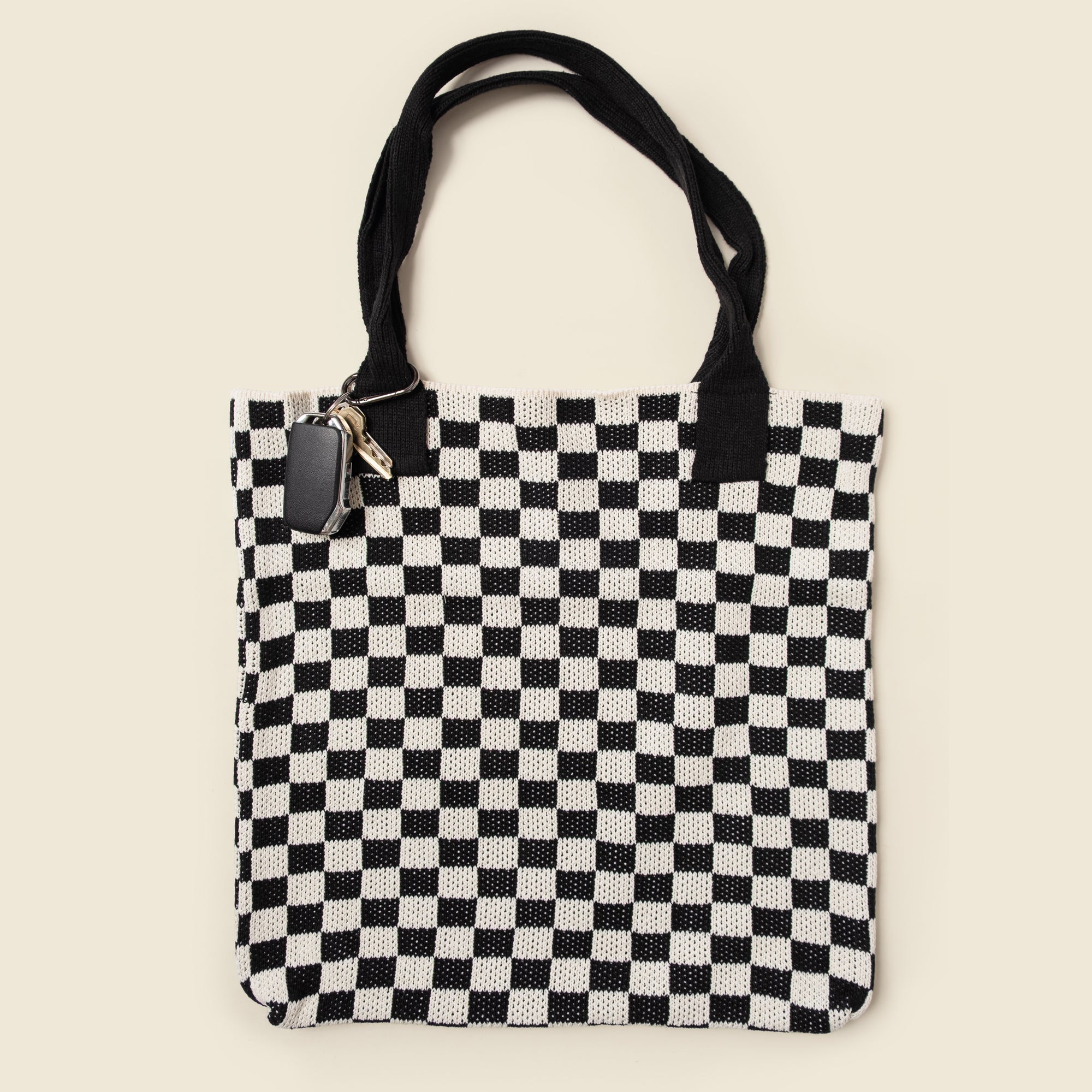 Black Checkered Tote Bag - Washable Cotton Knit with Key Ring