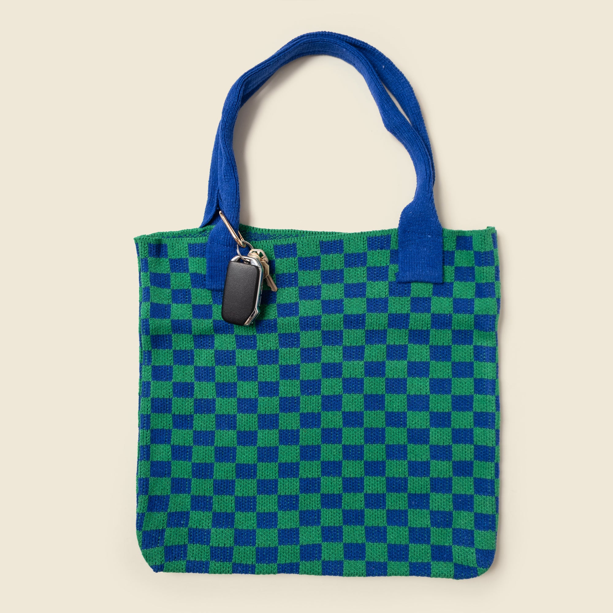 Blue and Green Checkered Tote Bag - Washable Cotton Knit with Key Ring