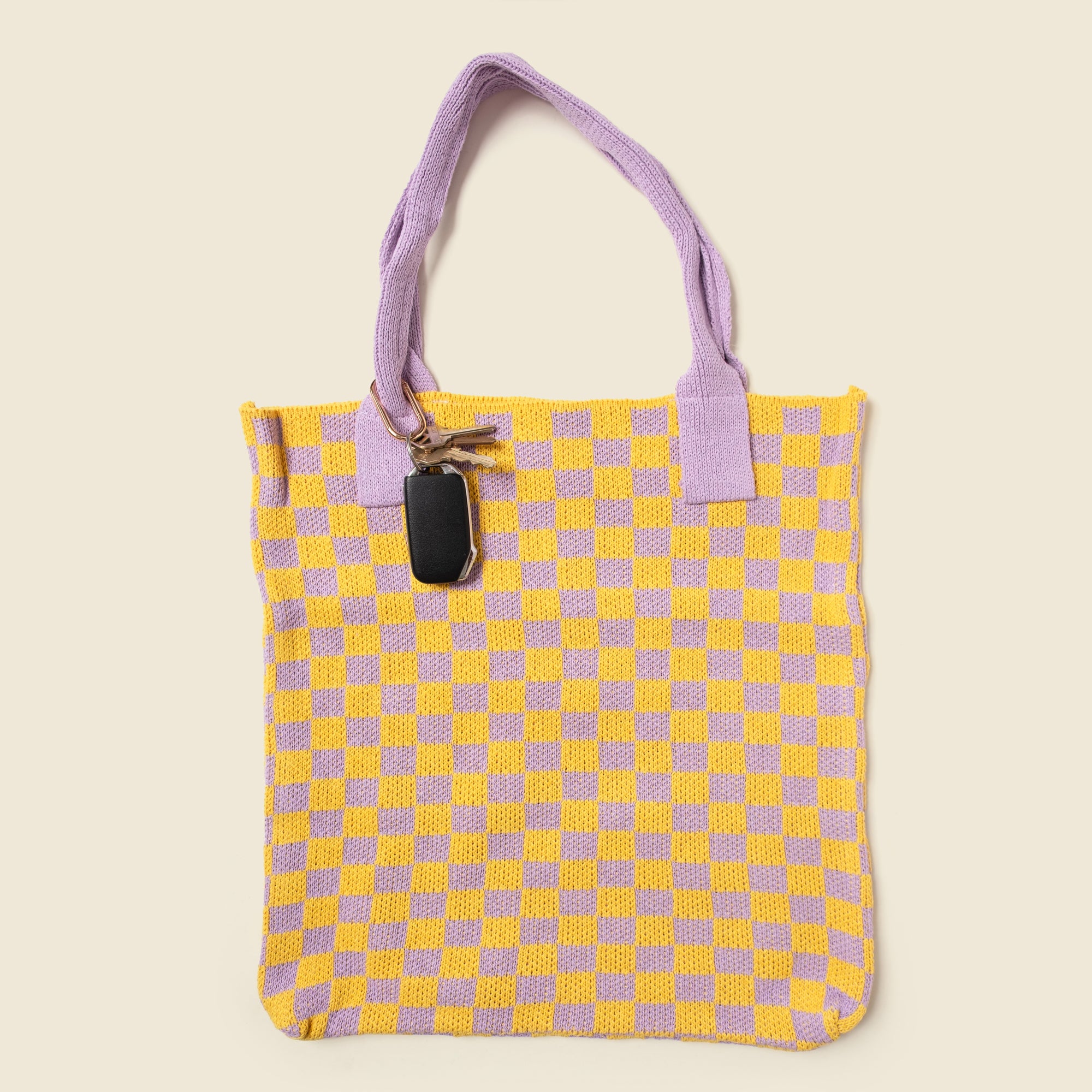 Yellow and Purple Checkered Tote Bag - Washable Cotton Knit with Key Ring