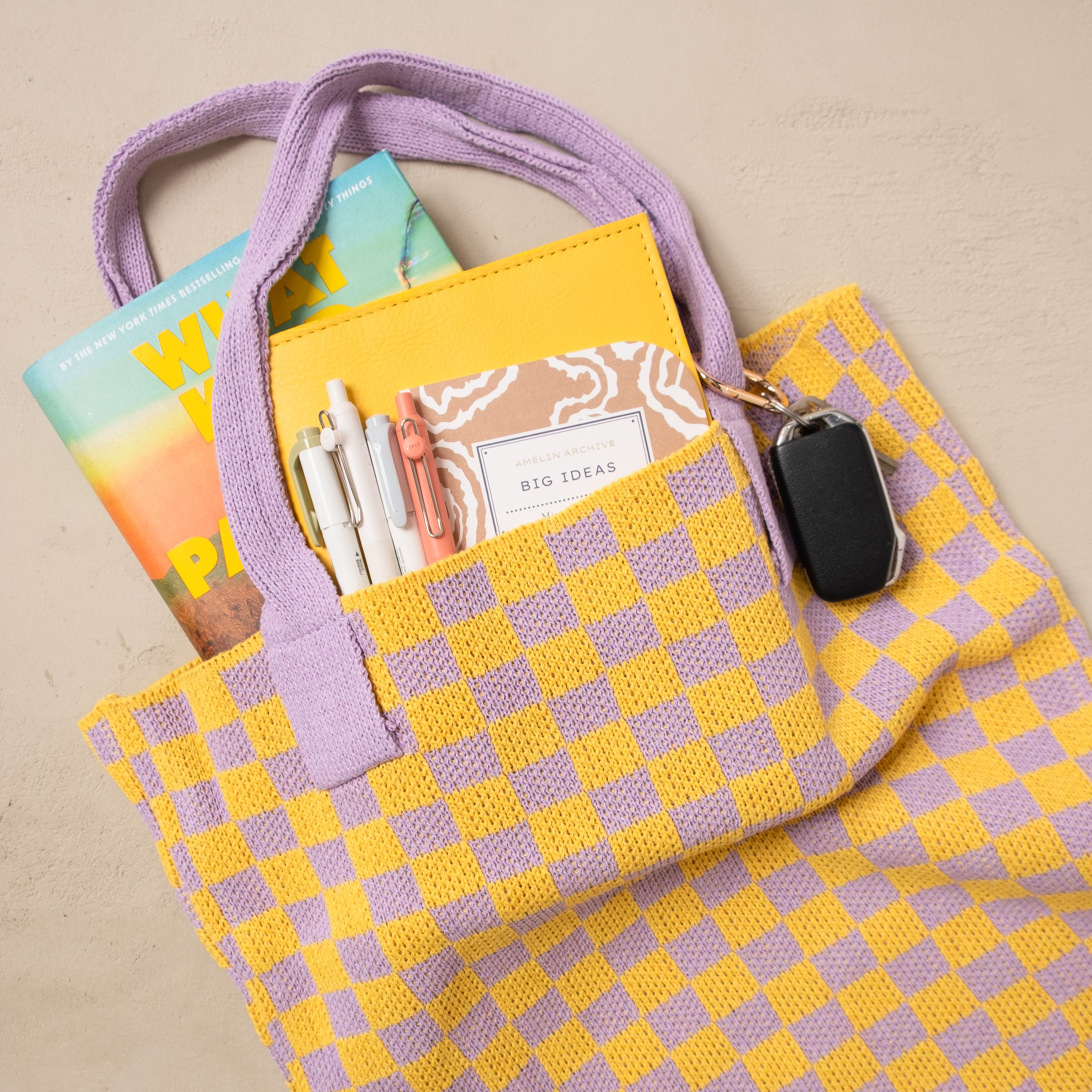 Yellow and Purple Checkered Tote Bag - Washable Cotton Knit with Key Ring