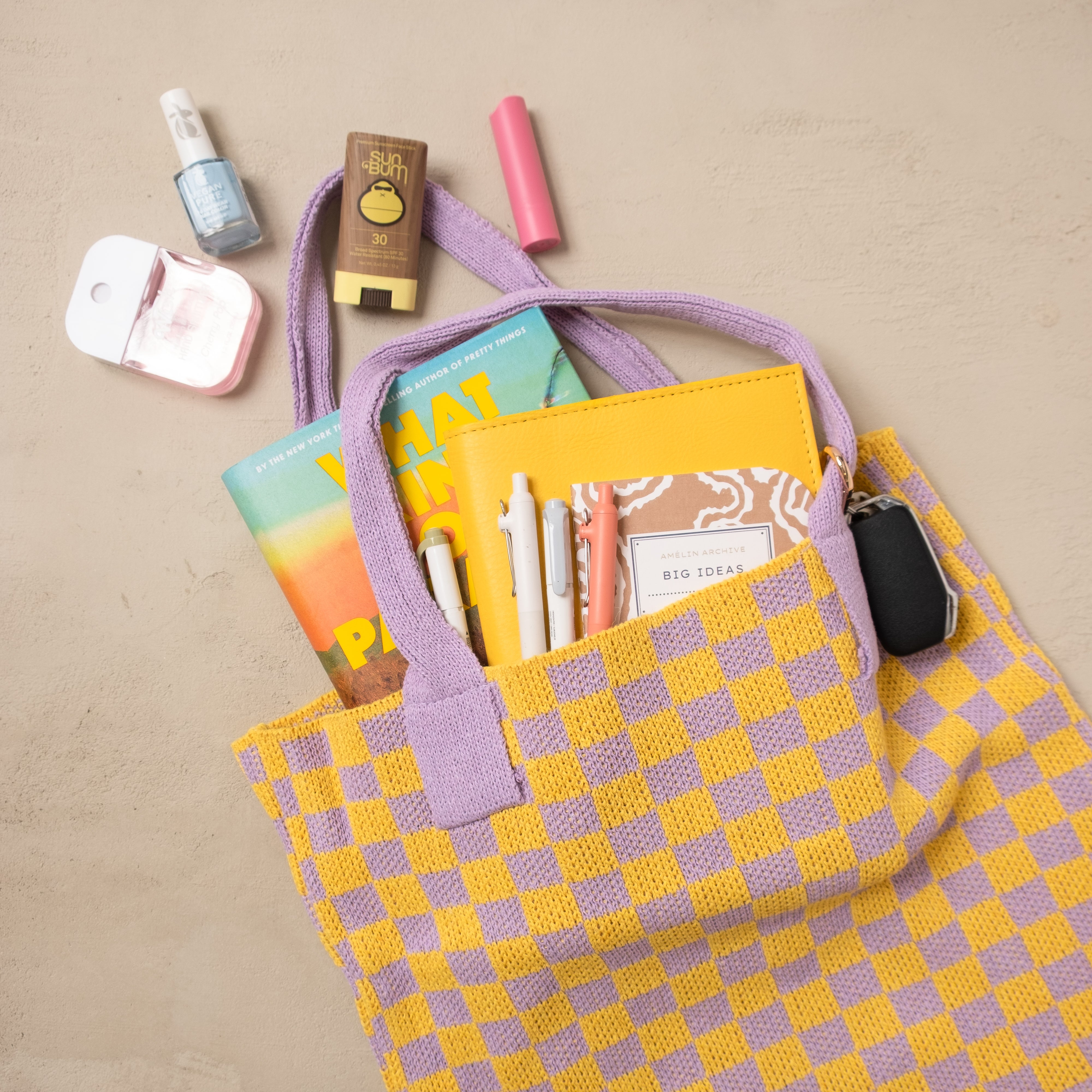 Yellow and Purple Checkered Tote Bag - Washable Cotton Knit with Key Ring