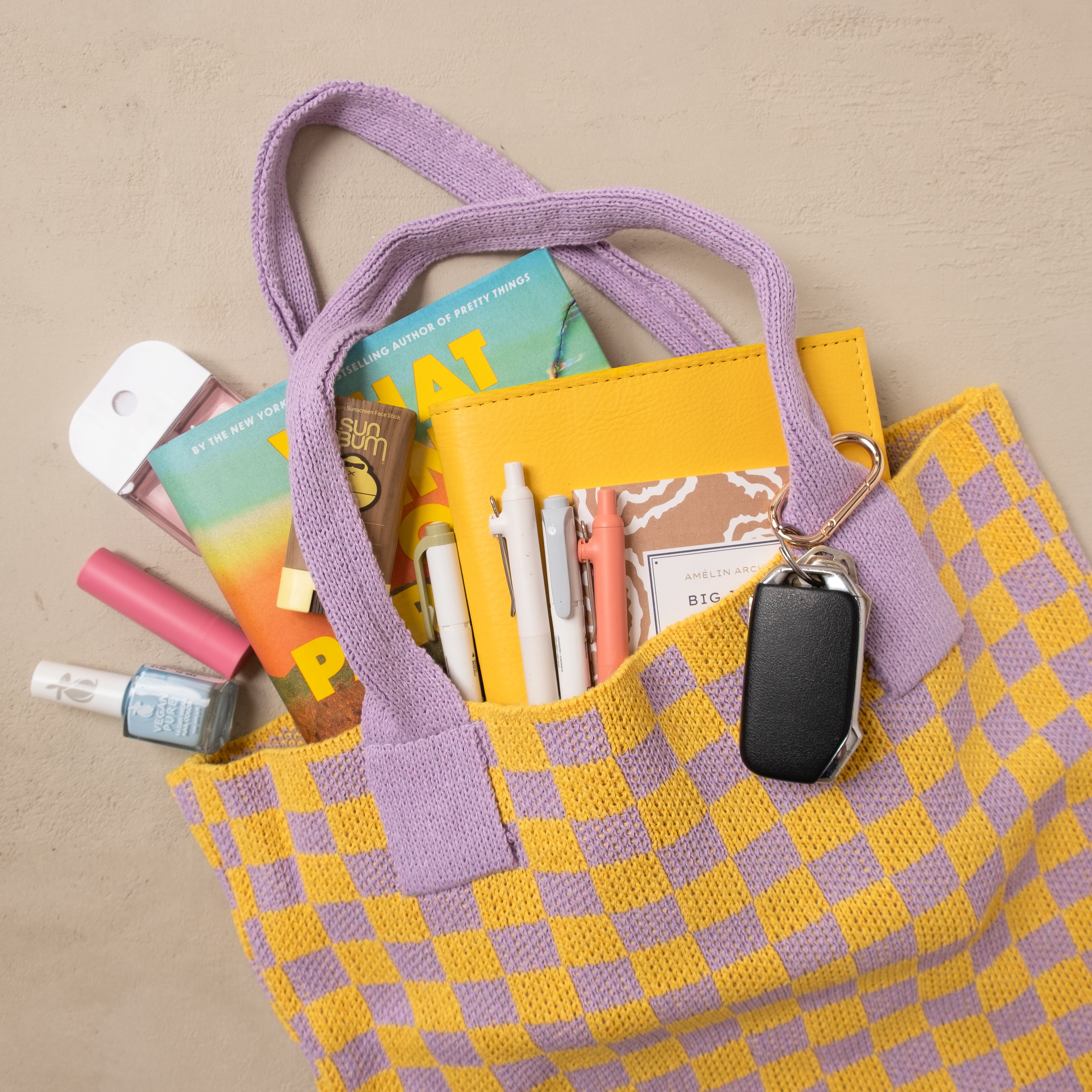 Yellow and Purple Checkered Tote Bag - Washable Cotton Knit with Key Ring