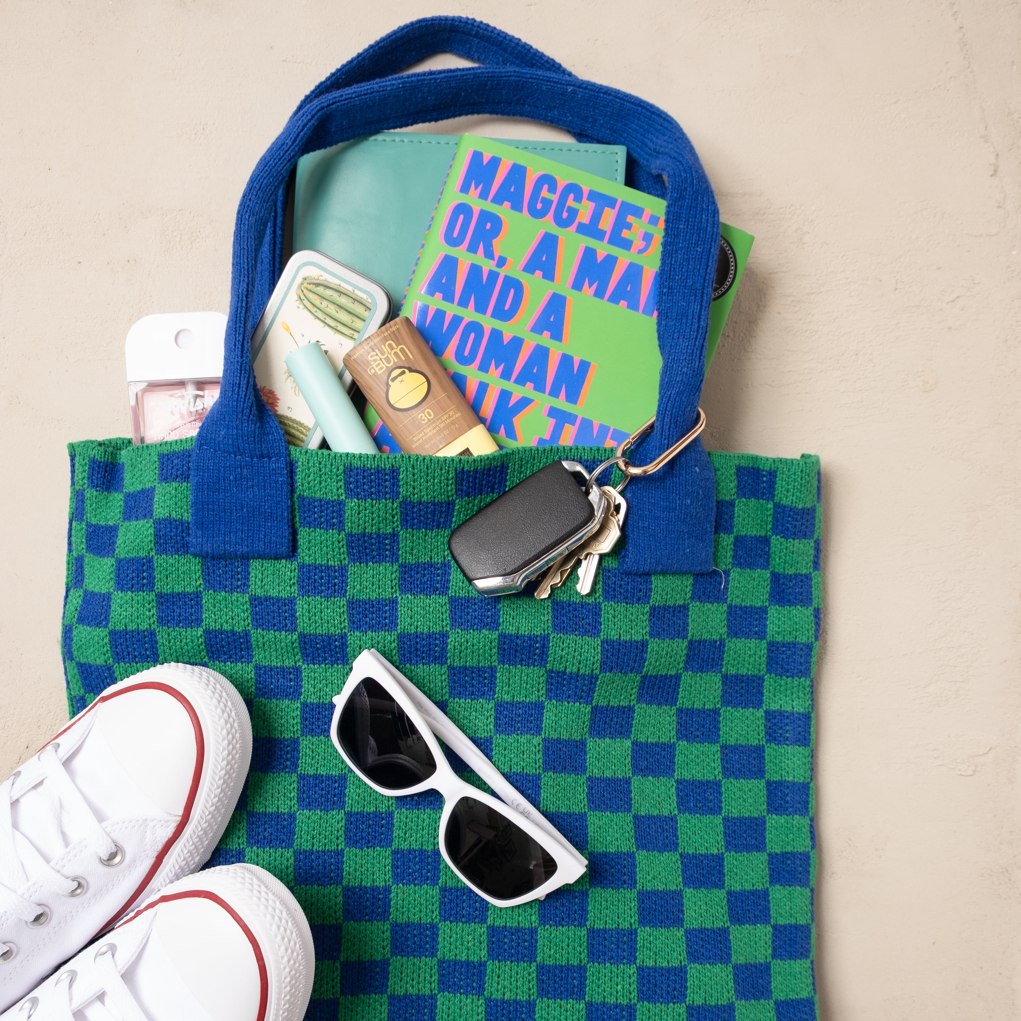 Blue and Green Checkered Tote Bag - Washable Cotton Knit with Key Ring
