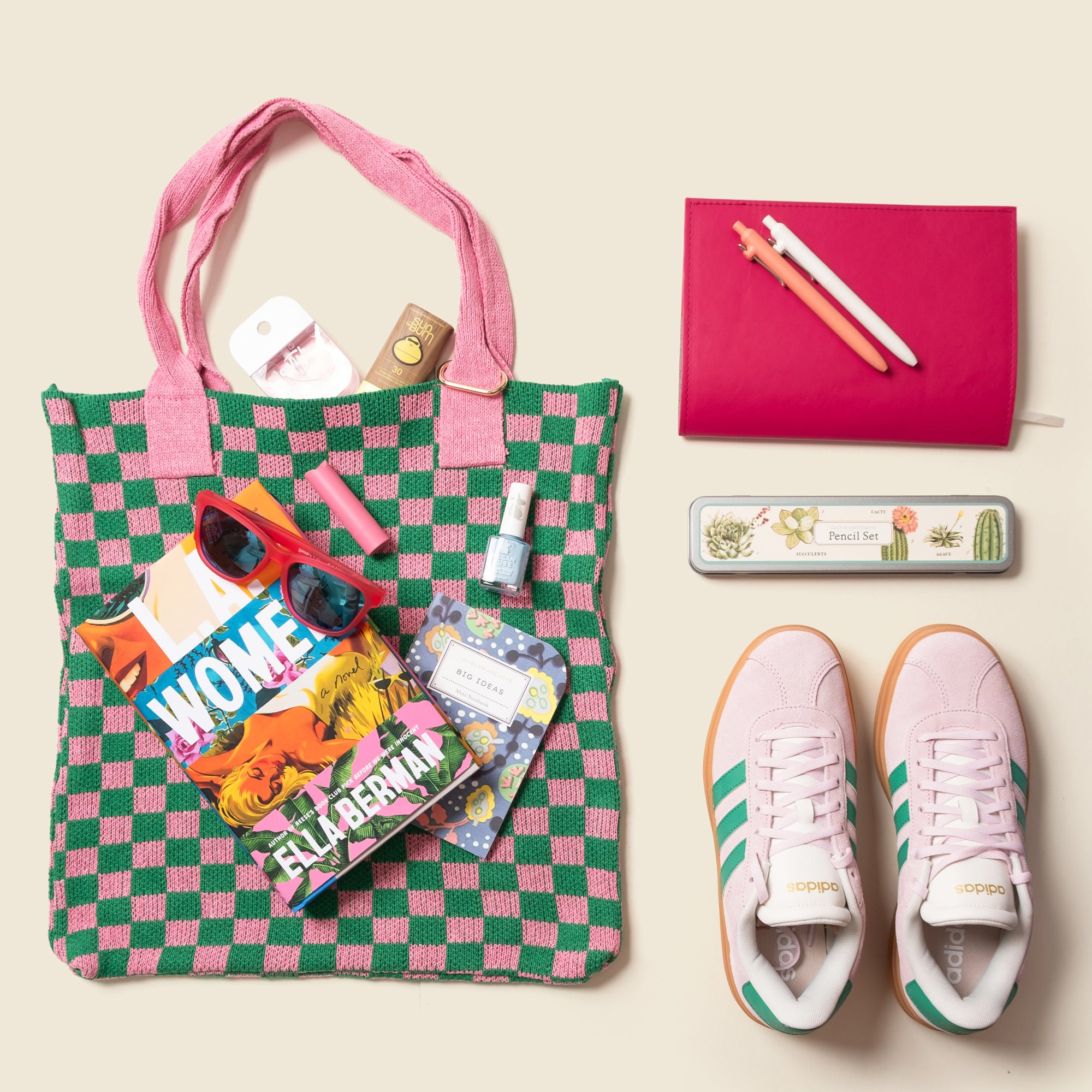 Pink and Green Checkered Tote Bag - Washable Cotton Knit with Key Ring