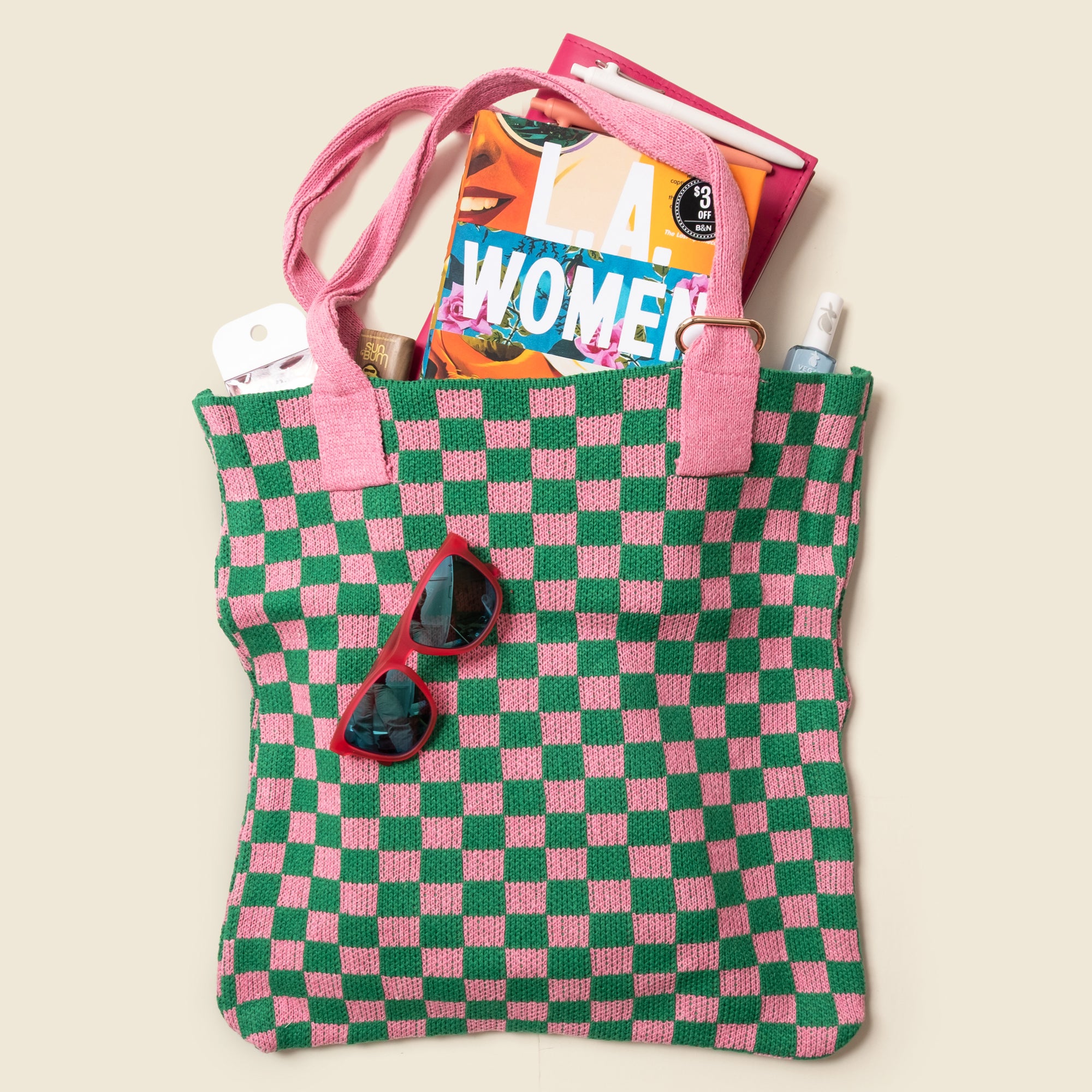 Pink and Green Checkered Tote Bag - Washable Cotton Knit with Key Ring