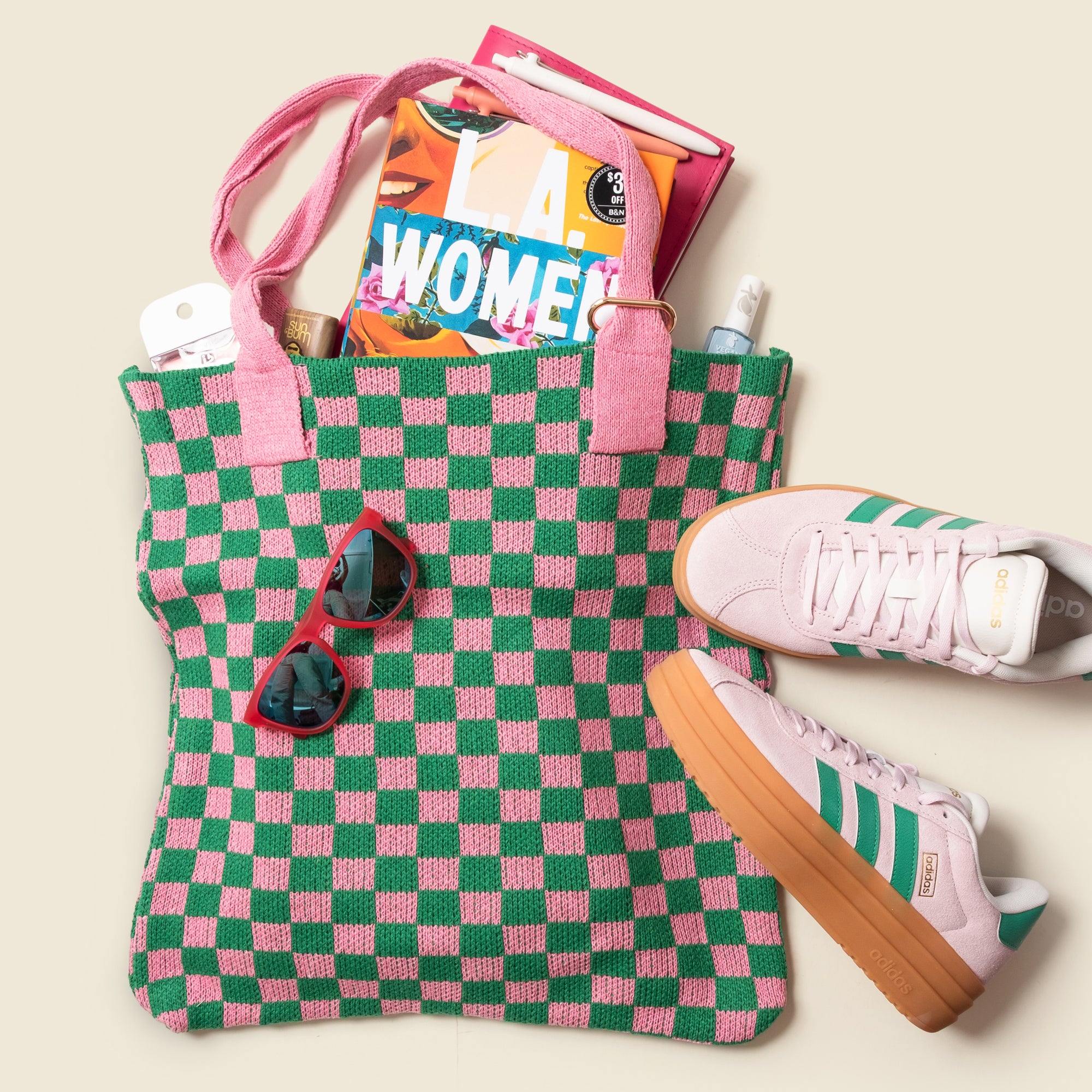 Pink and Green Checkered Tote Bag - Washable Cotton Knit with Key Ring
