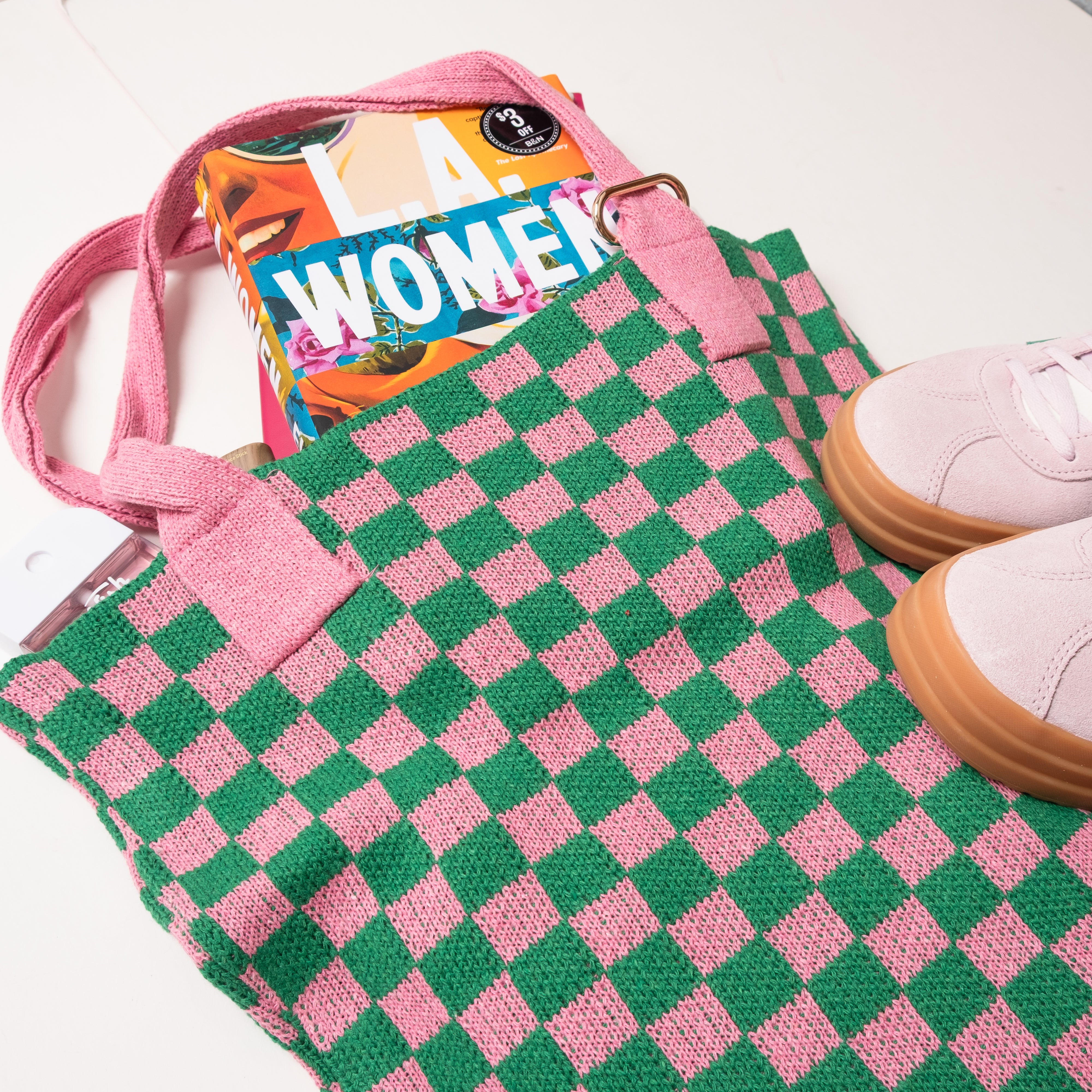 Pink and Green Checkered Tote Bag - Washable Cotton Knit with Key Ring