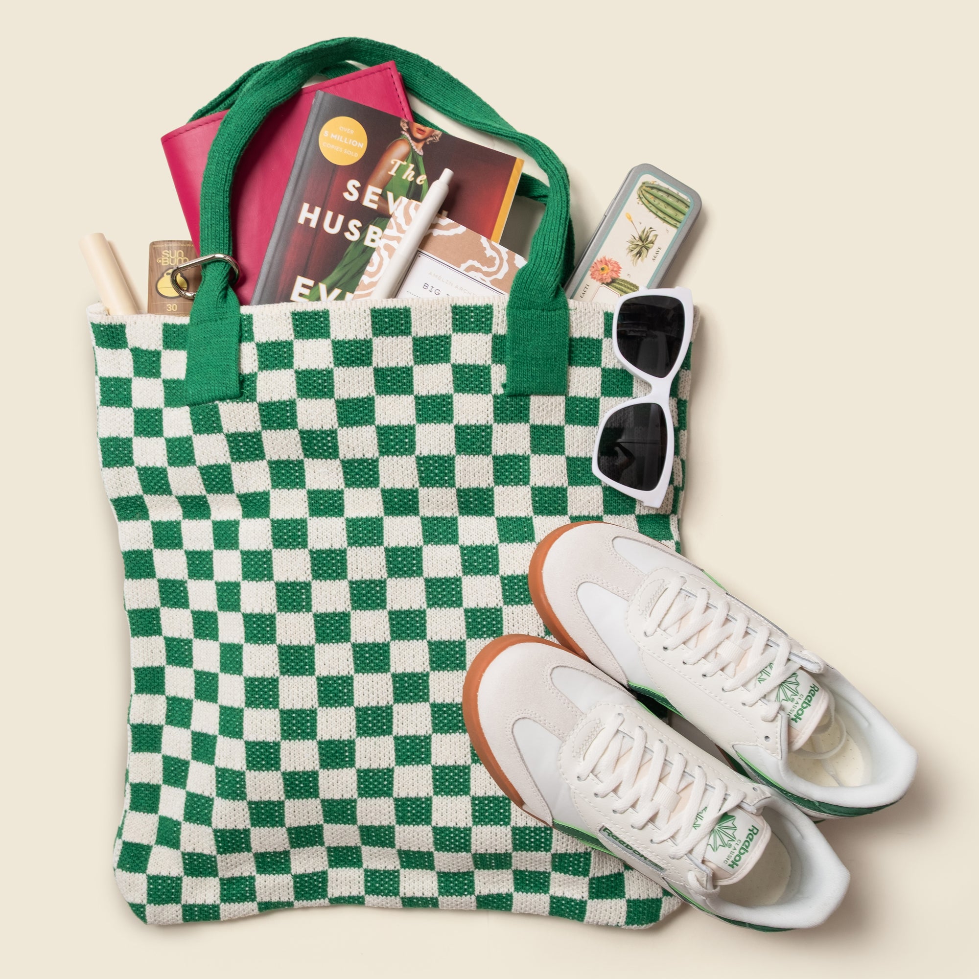 Green Checkered Tote Bag - Washable Cotton Knit with Key Ring