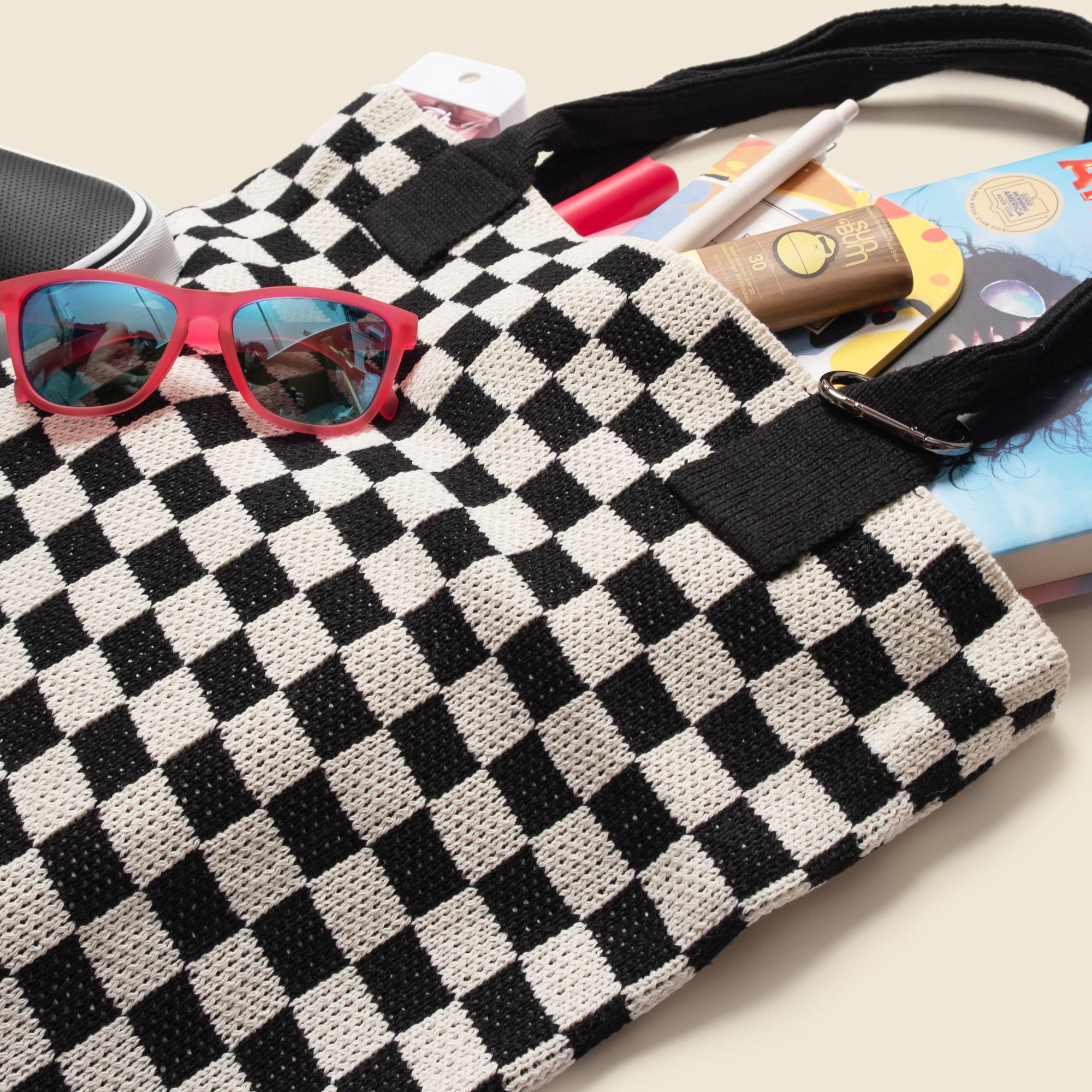 Black Checkered Tote Bag - Washable Cotton Knit with Key Ring