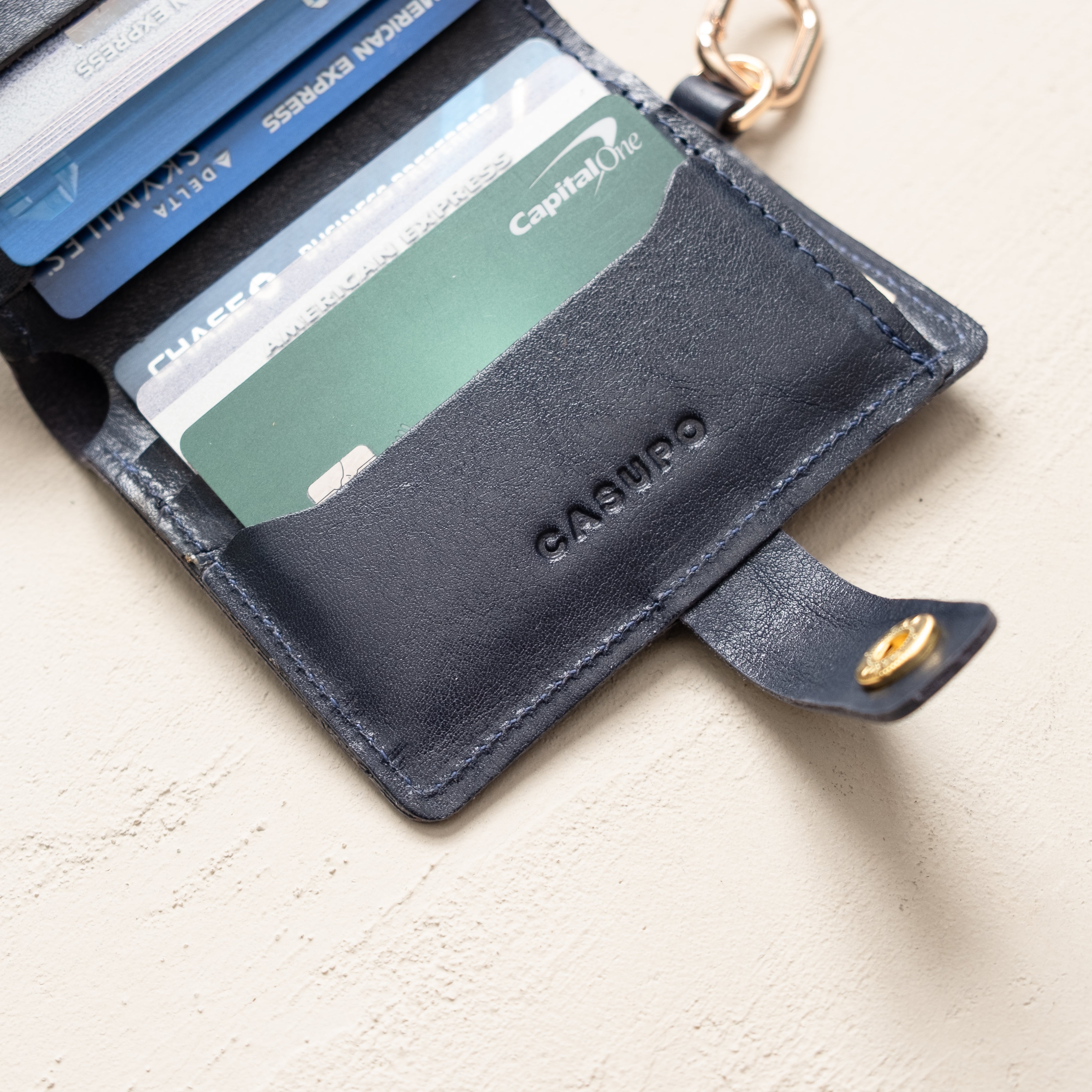Marine blue leather wallet with key ring — side profile view