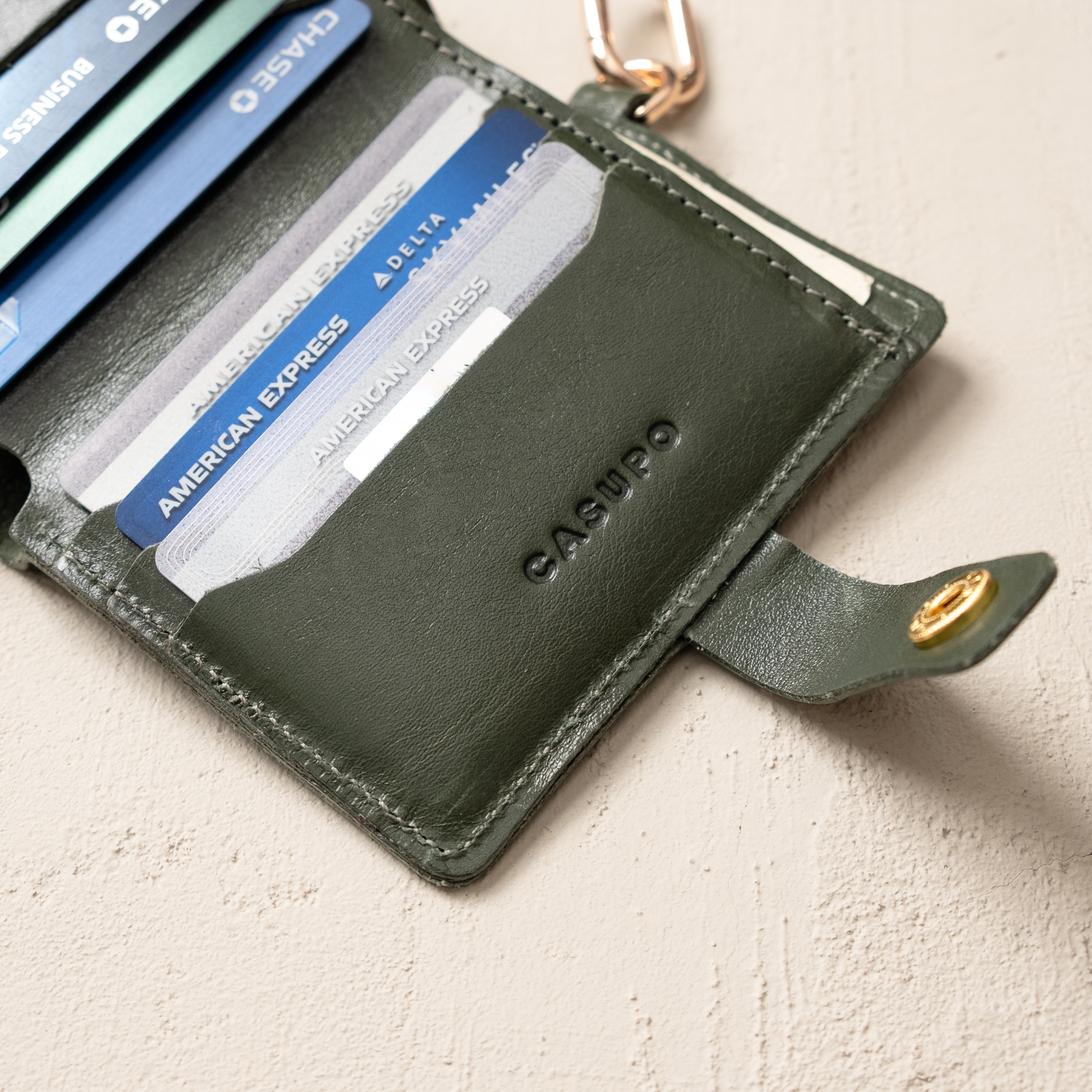Olive leather wallet with key ring — side profile view