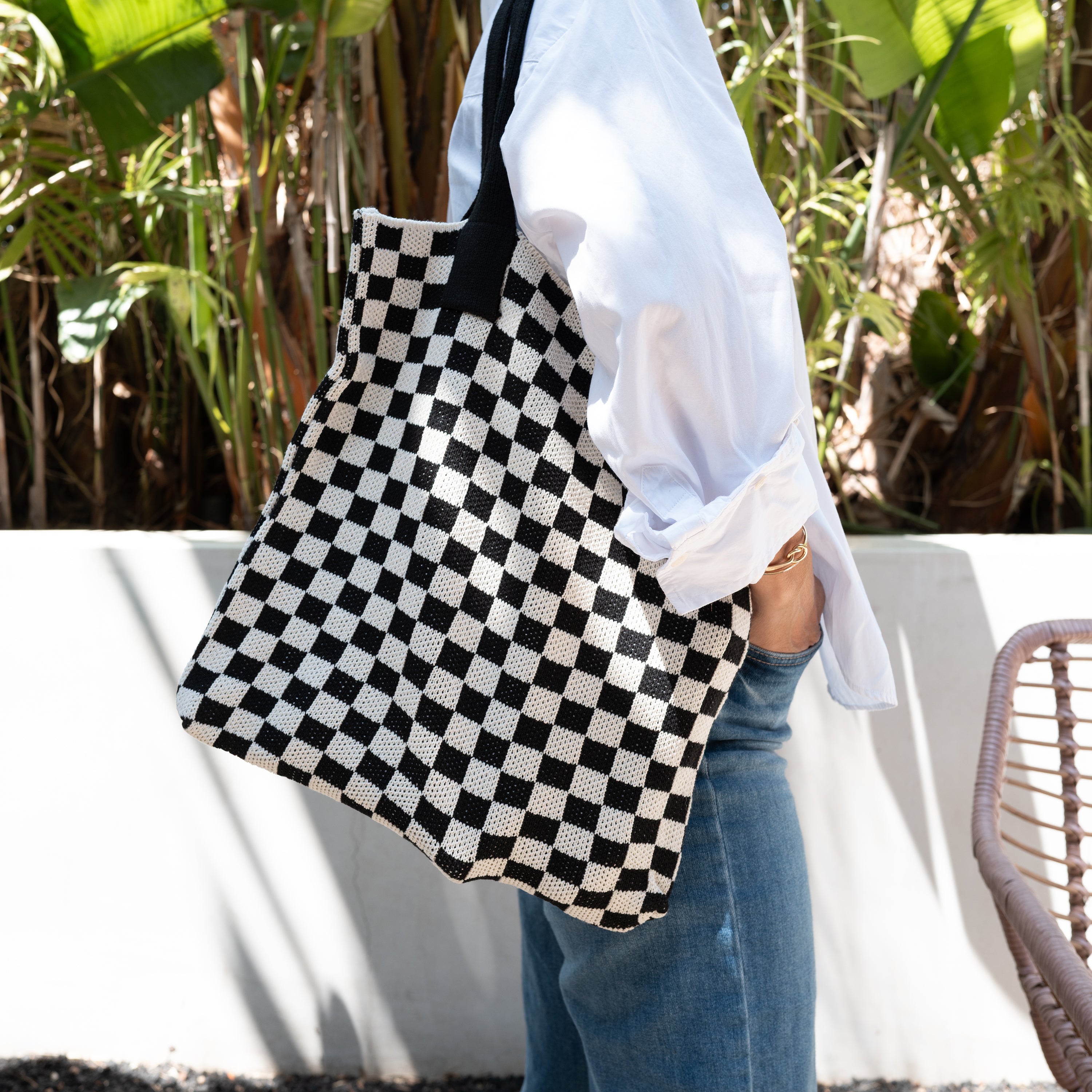 Black Checkered Tote Bag - Washable Cotton Knit with Key Ring