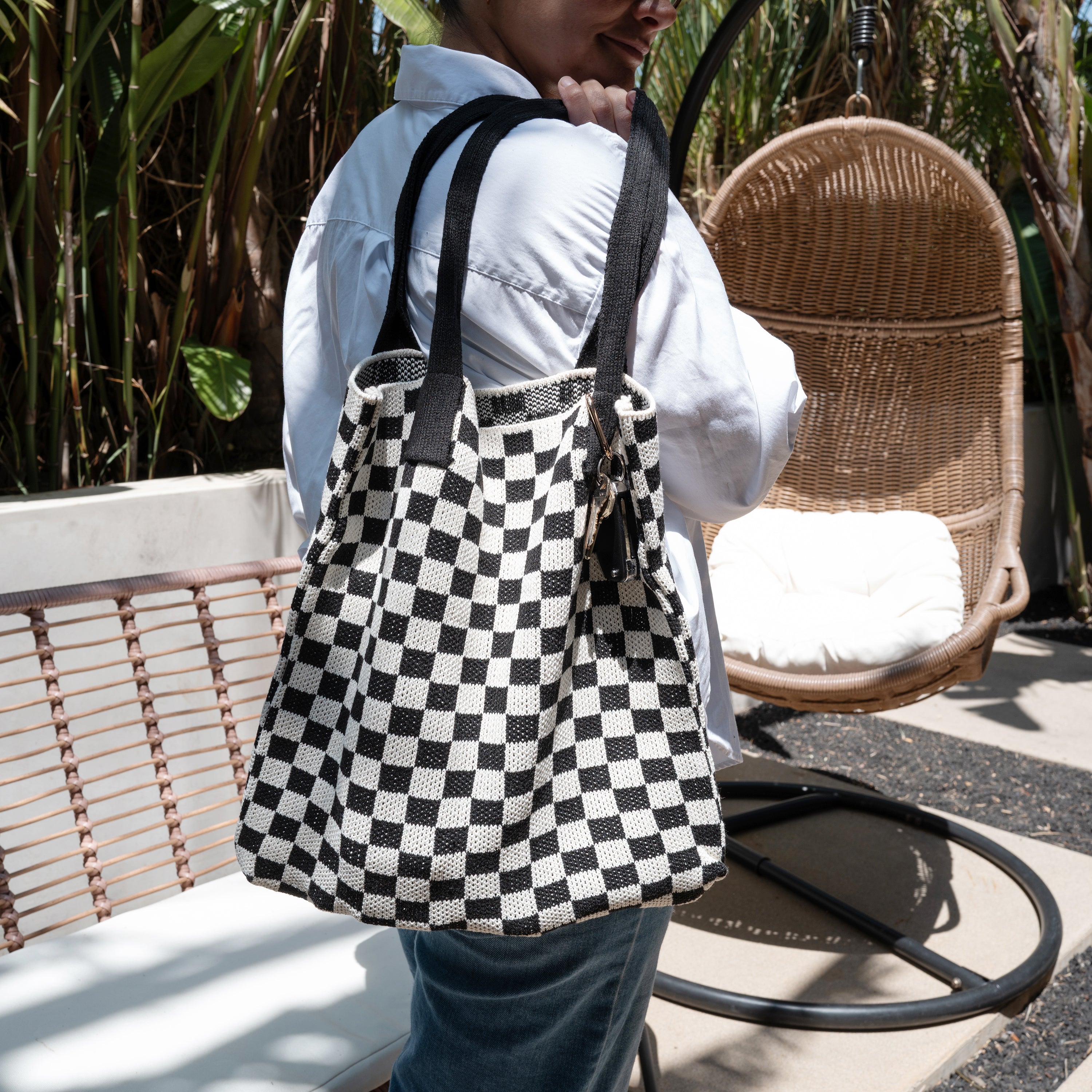 Black Checkered Tote Bag - Washable Cotton Knit with Key Ring