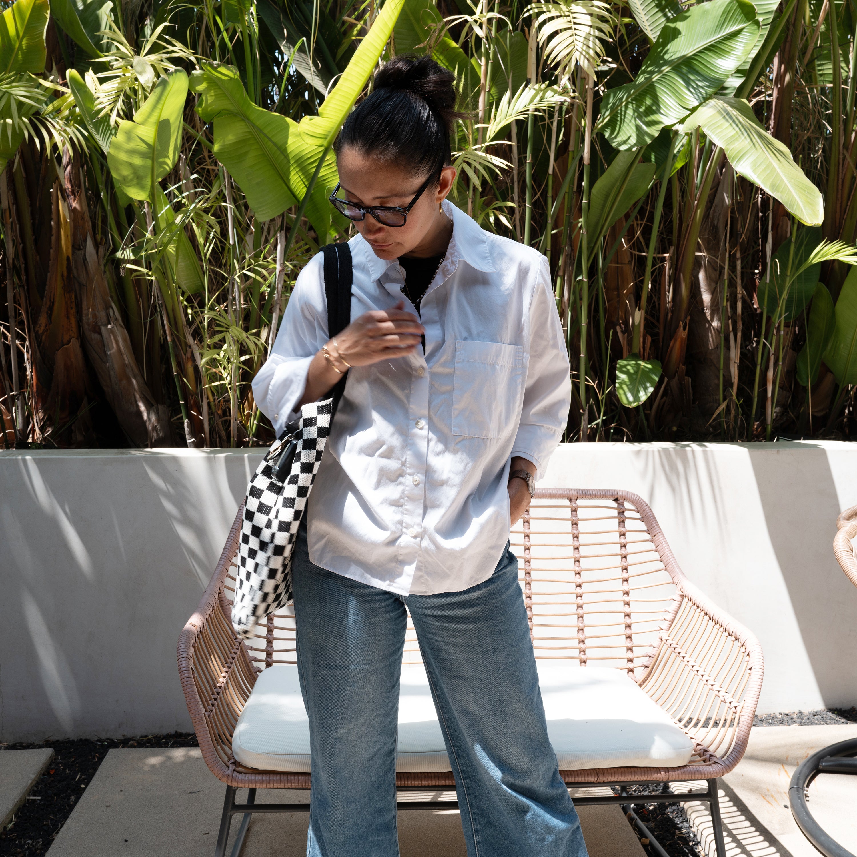 Black Checkered Tote Bag - Washable Cotton Knit with Key Ring