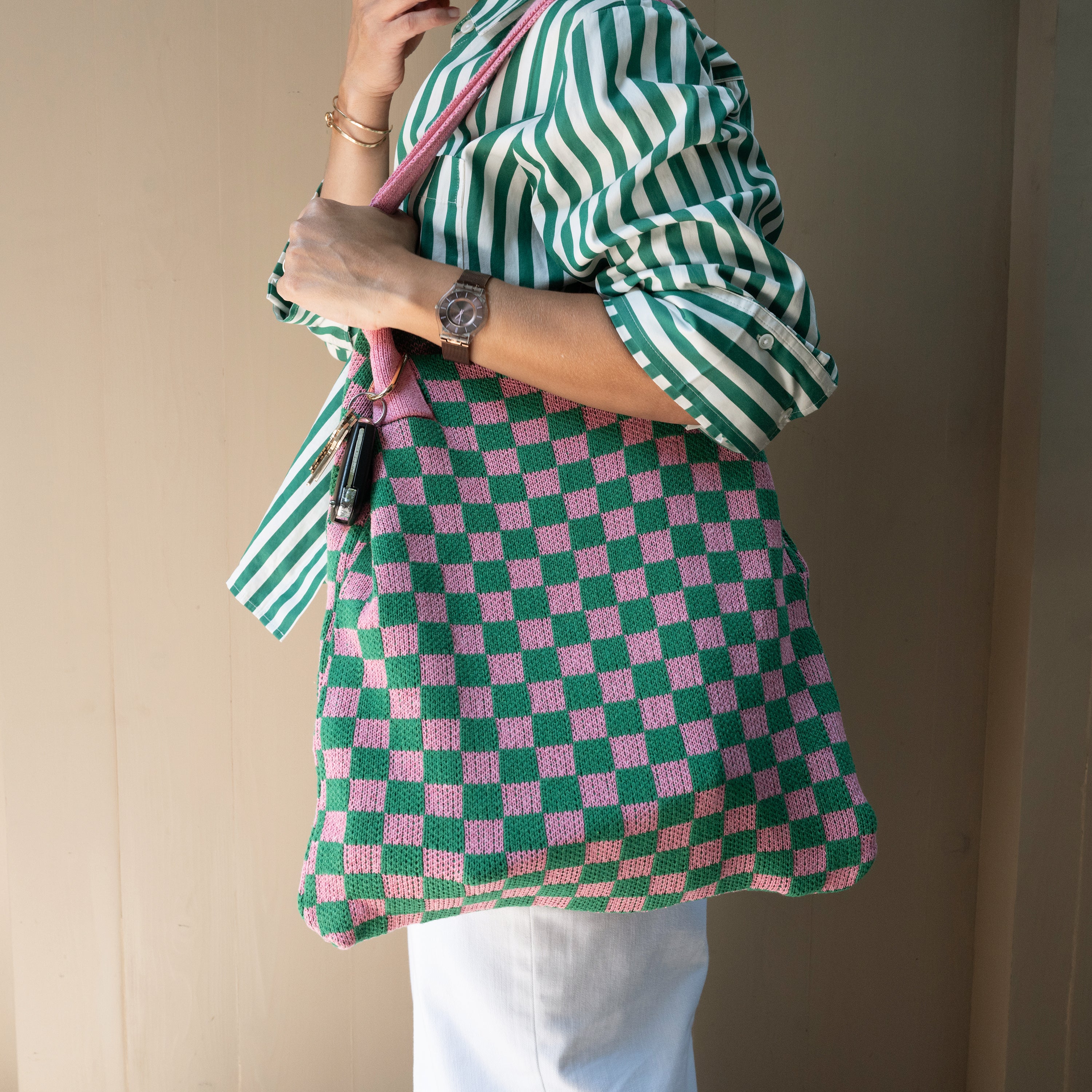 Pink and Green Checkered Tote Bag - Washable Cotton Knit with Key Ring