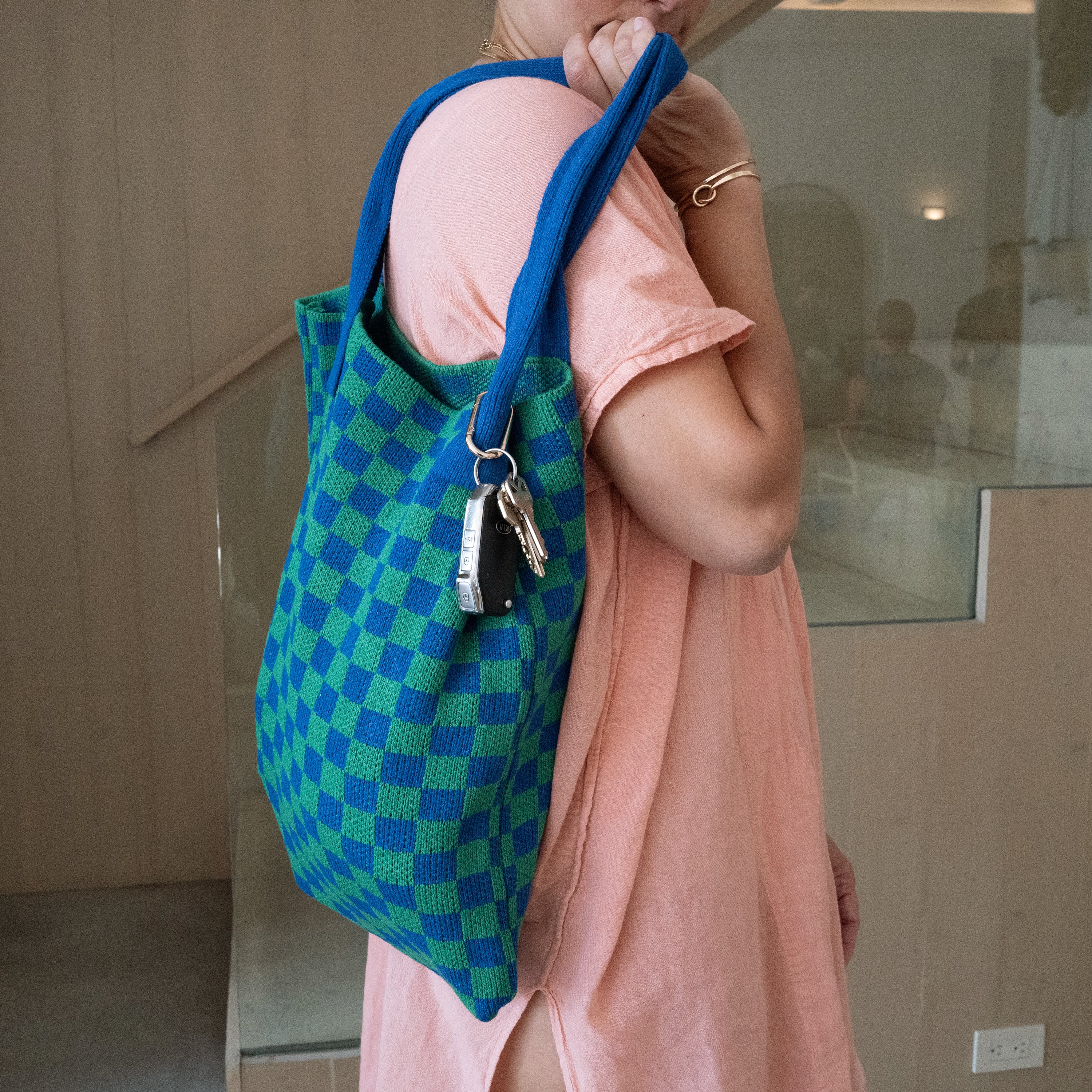 Blue and Green Checkered Tote Bag - Washable Cotton Knit with Key Ring