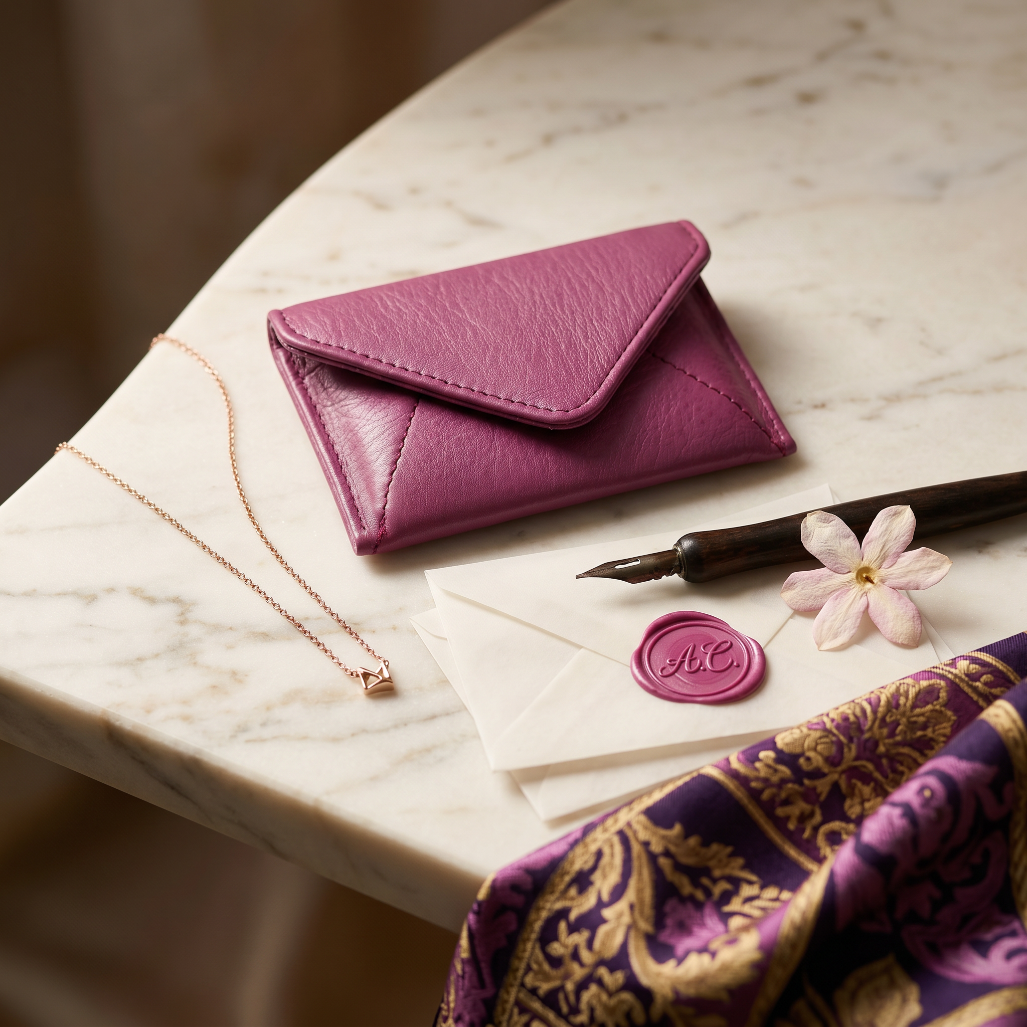 Purple leather wallet on a marble surface with a pen, flower, and wax seal.