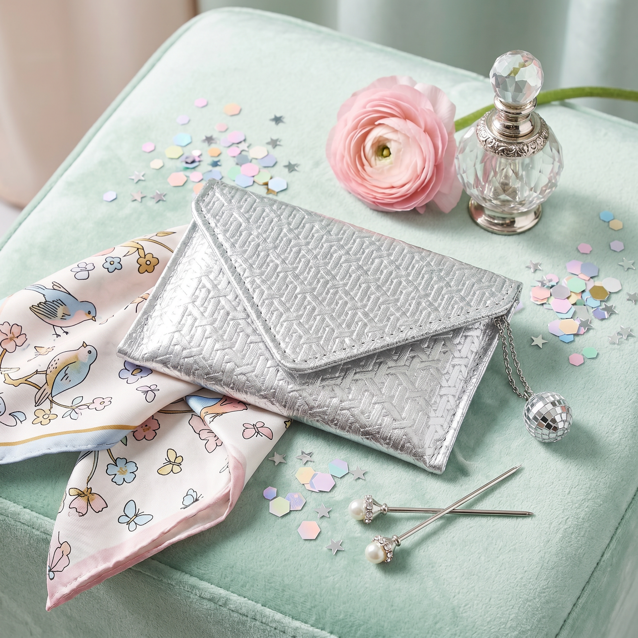 Silver clutch bag with a pink flower, confetti, and decorative items on a light green surface.