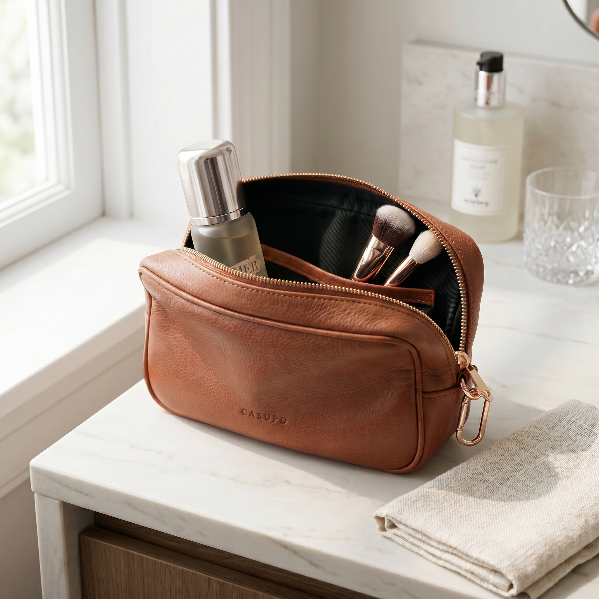 Large Leather Cosmetic Bag - Tan