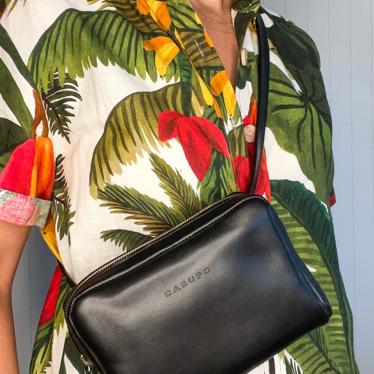 Black leather fanny pack for women