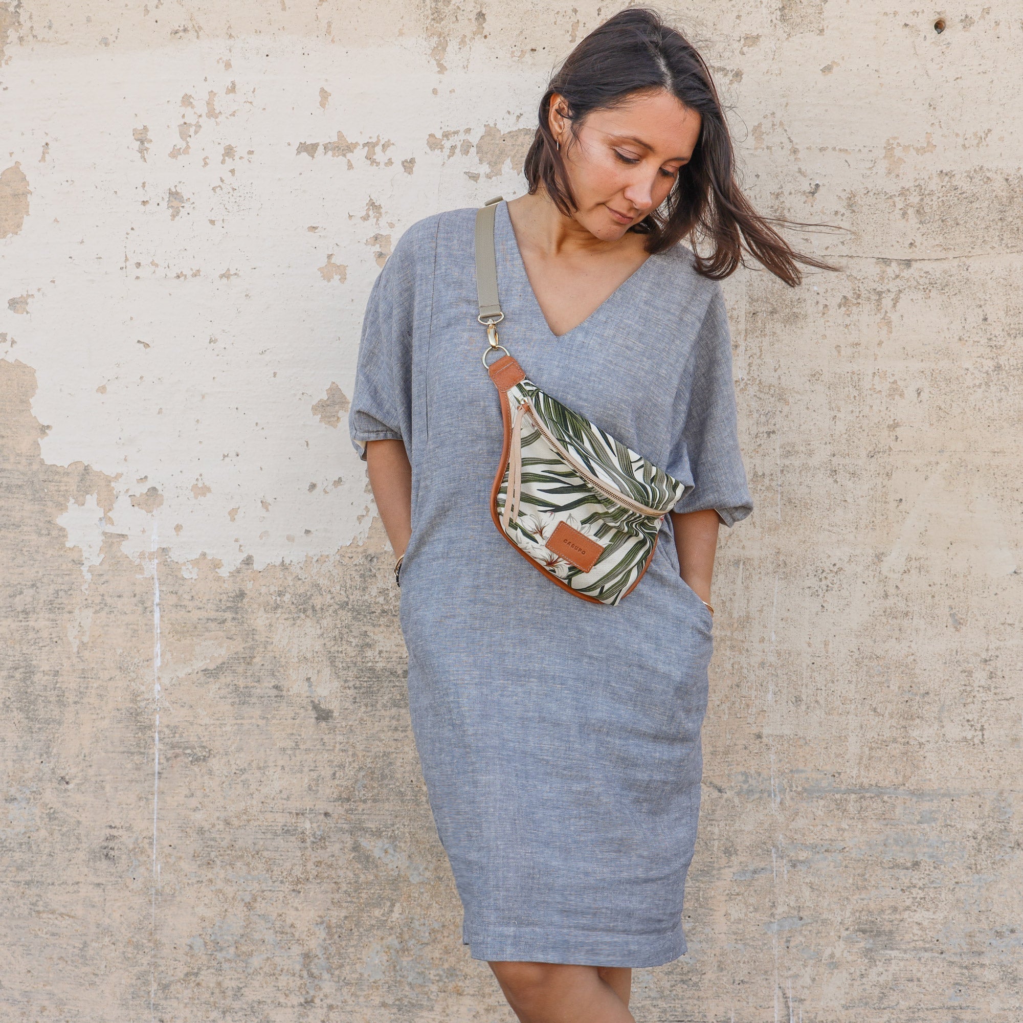 white and green fanny pack