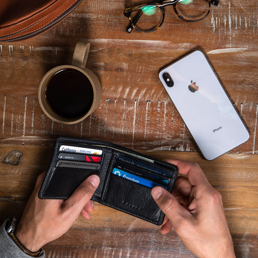 sustainable black leather wallet
