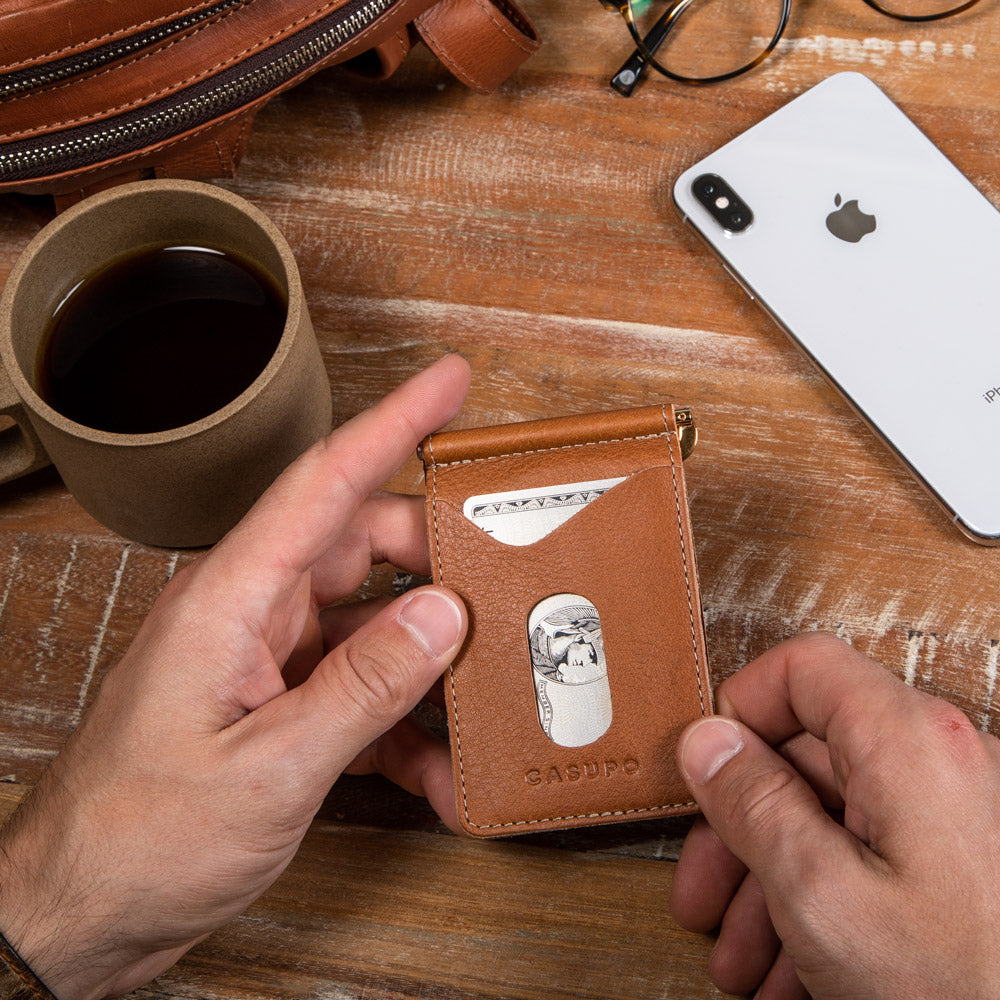 sustainable leather money clip wallet