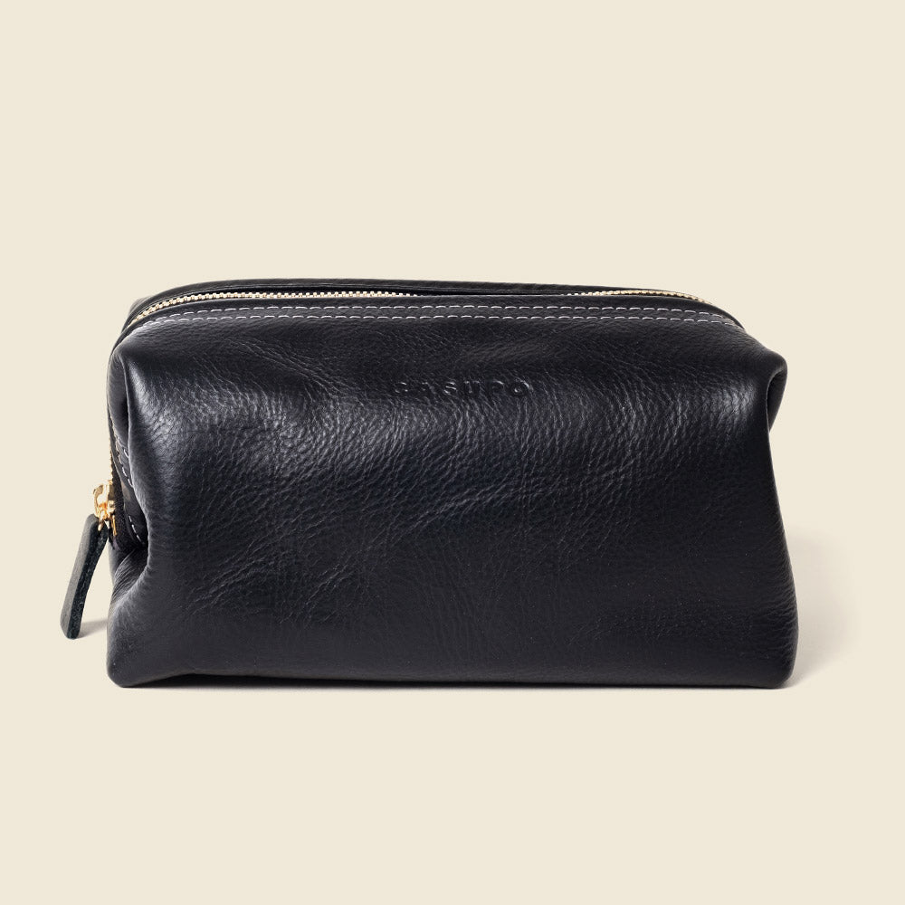 Black leather dopp kit bag for toiletries