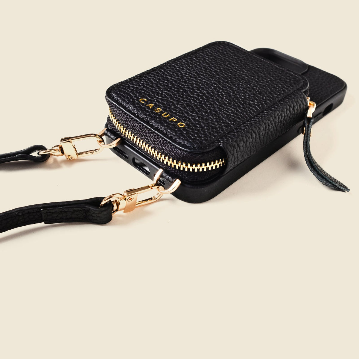 Black leather iphone case bandolier wallet bag with crossbody strap