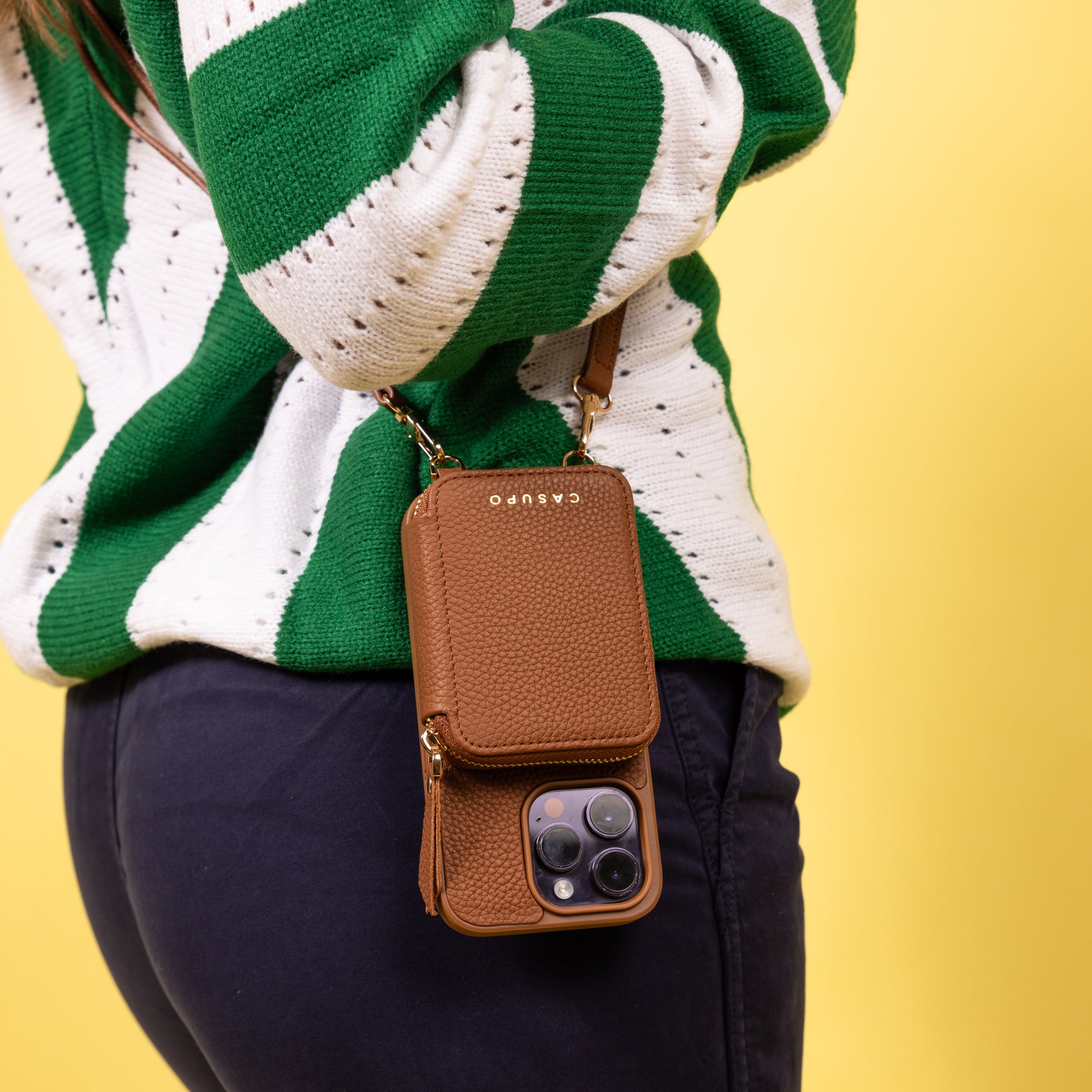 Tan brown leather iphone case with wallet and long crossbody strap like Bandolier for new moms
