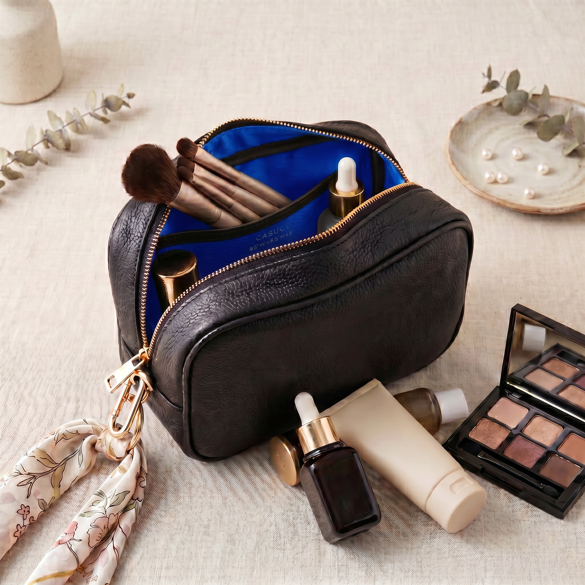 Large Leather Cosmetic Bag - Black