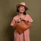 Brown leather crossbody bag with long strap for women