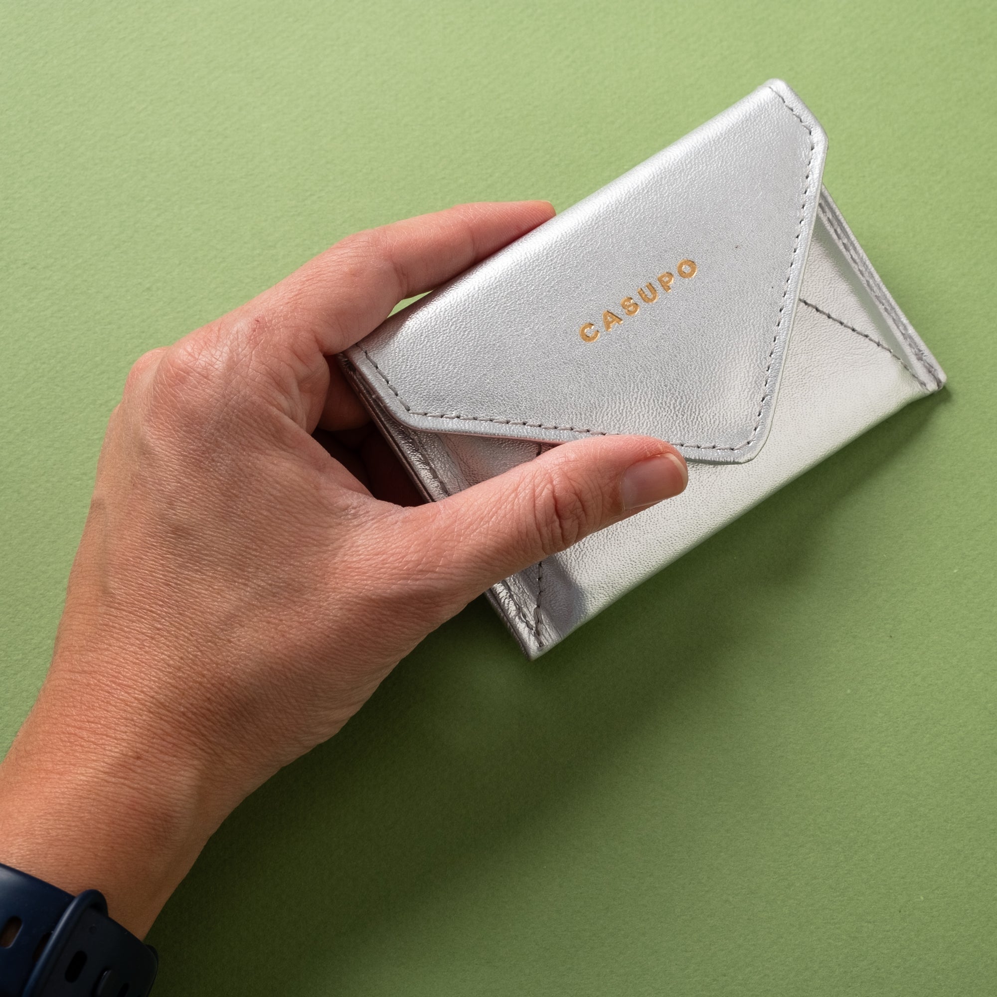 silver leather envelope cardholder wallet for women